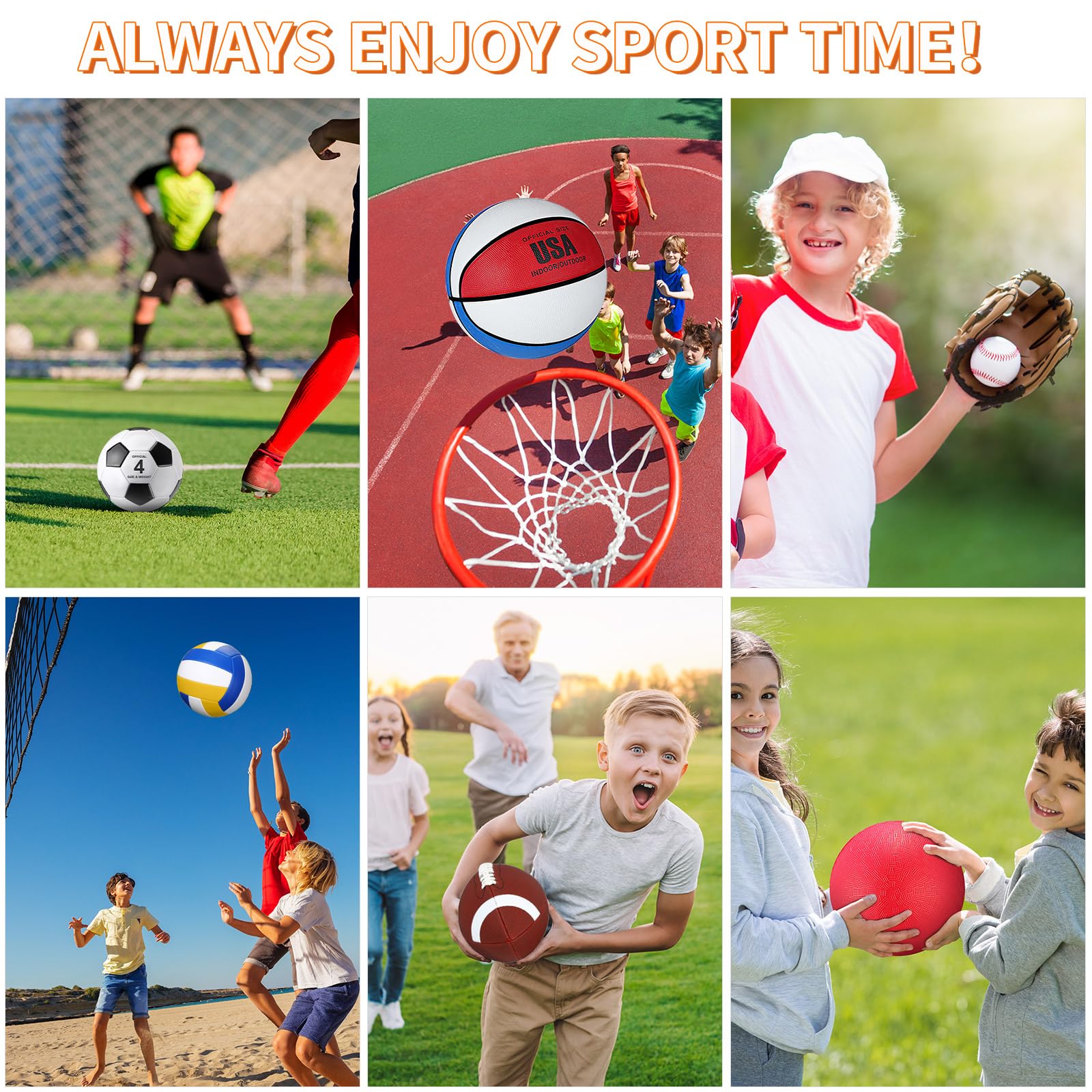 Deekin 12 Pcs Assorted Sport Ball Set Official Size Basketball, Football, Volleyball, Soccer, Baseball, Playground Ball with Bag and Pump Gift for Kid Youth Adult(Classic,Youth Kids)