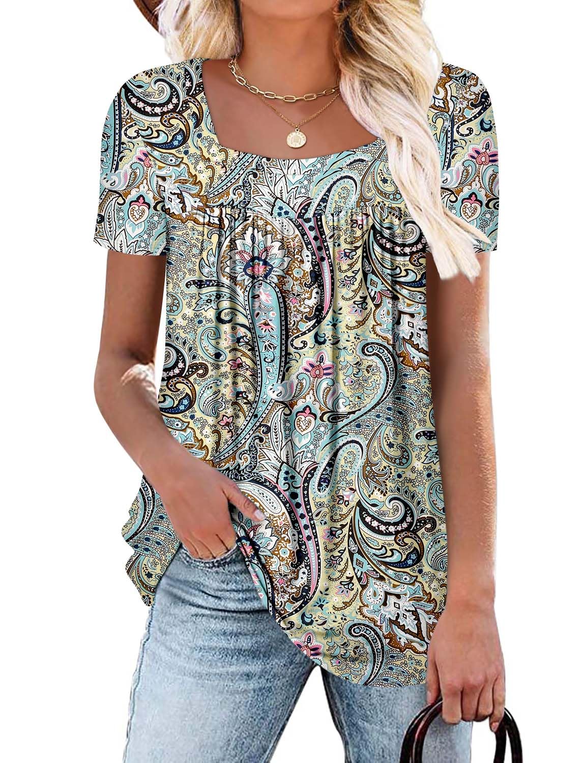 ZOLUCKY Womens Tops Flutter Sleeve Swing Tops Athletic Swing Tunic Blouses Square Neck-Cashew Flower 3X-Large