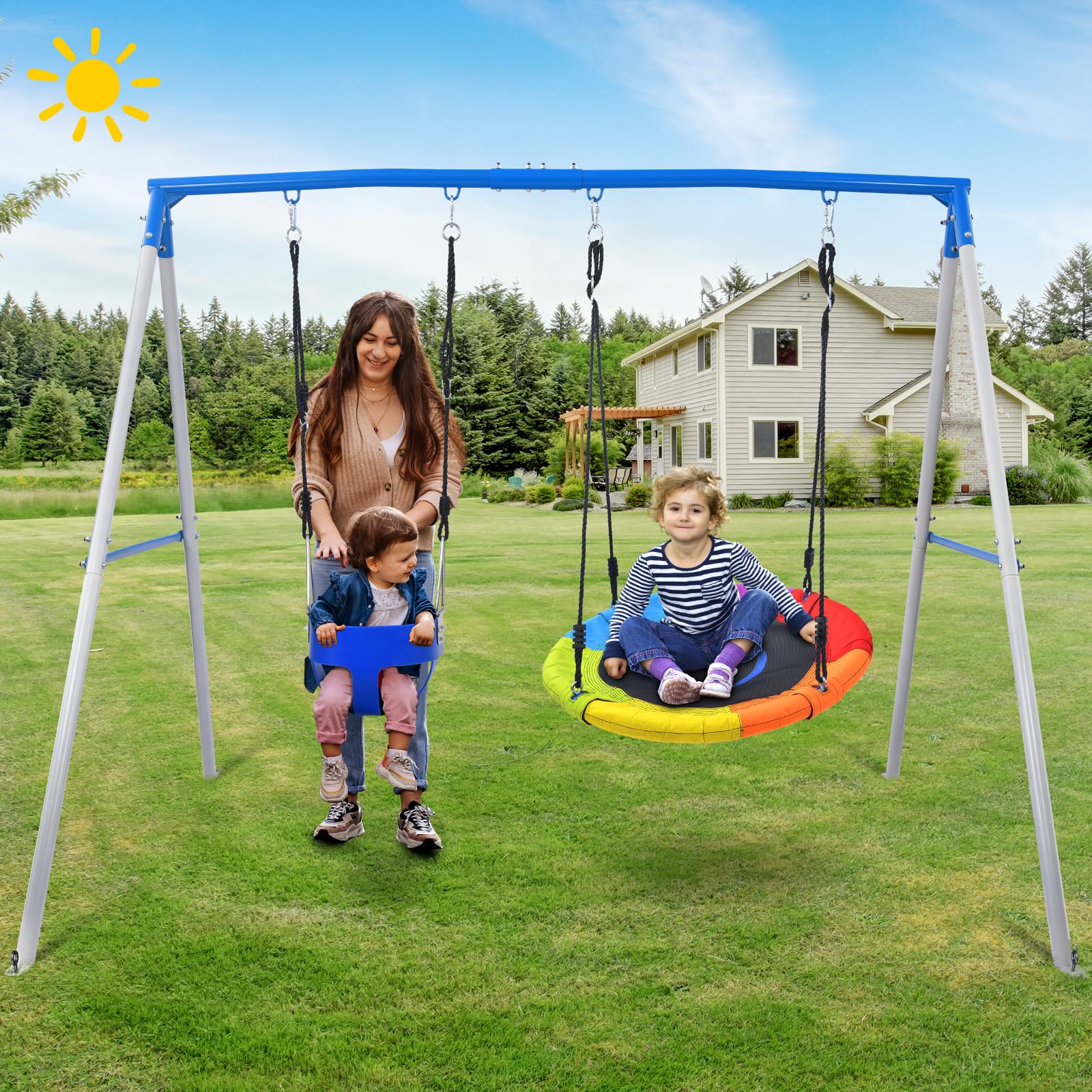 Trekassy Swing Set for Backyard, 440lbs Heavy Duty A-Frame Metal Swing Stand with 1 Saucer Swing and 1 Toddler Swing, Outdoor Kids Play Equipment for Playground, Playset