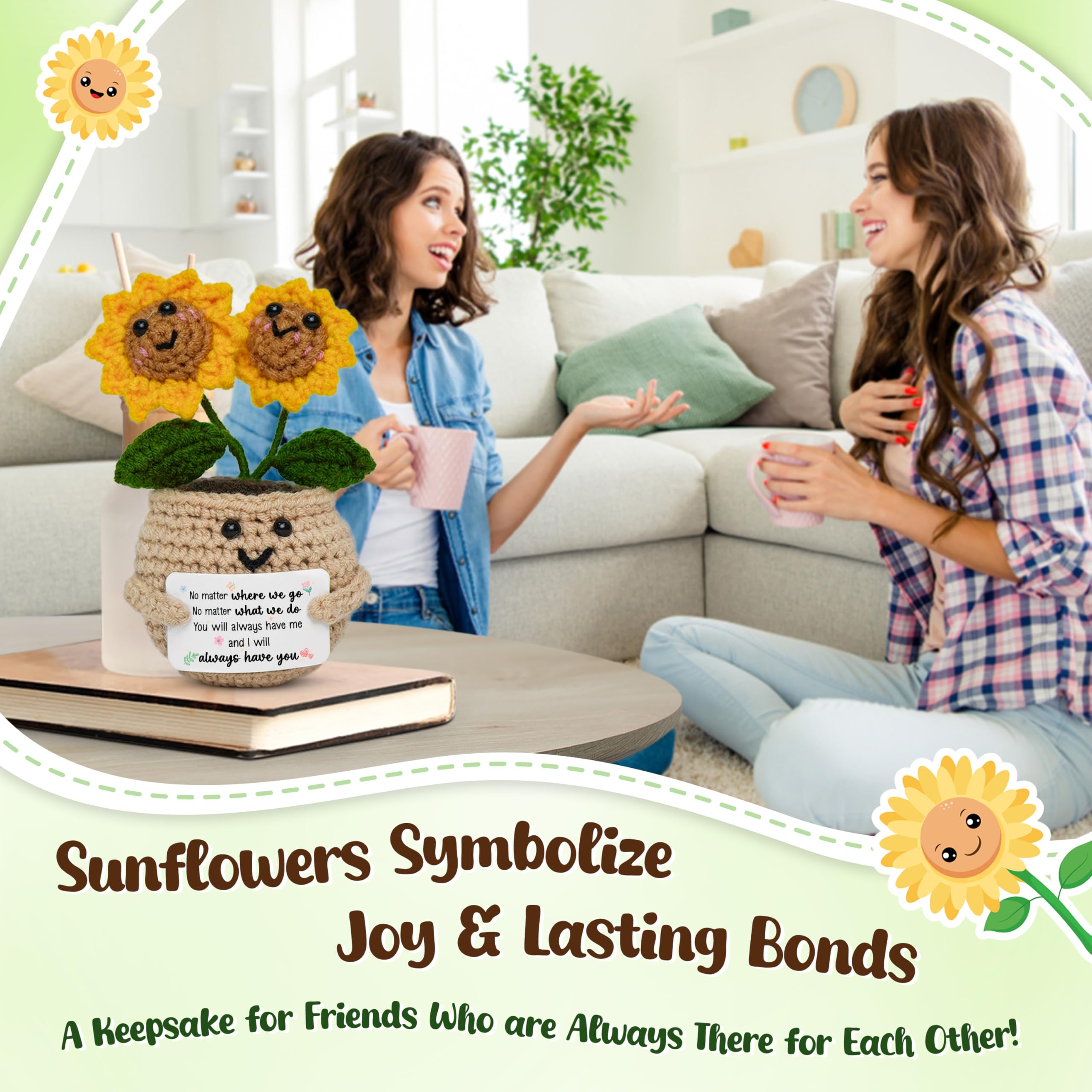 OASSIE Best Friend Birthday Gifts for Women - Emotional Support Crochet Sunflower with Card - Best Friend Friendship Birthday Gifts for Women Friends Bestie BFF Coworker, Gift for Friends Female