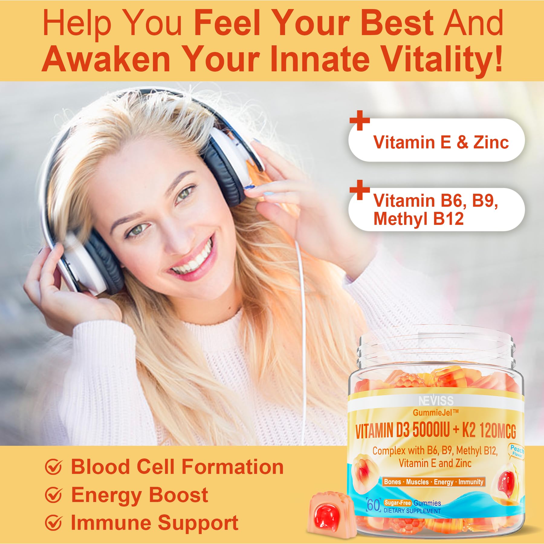 Vitamin D3 5000IU + K2 (MK-7) 120mcg, Sugar-Free Vitamin D3 K2 Filled Gummies with Vitamin B Complex - Methyl B12, B9, B6 | Vitamin E & Zinc, MCT Oil - Supports Bone & Teeth Strength, Immune, 1PACK