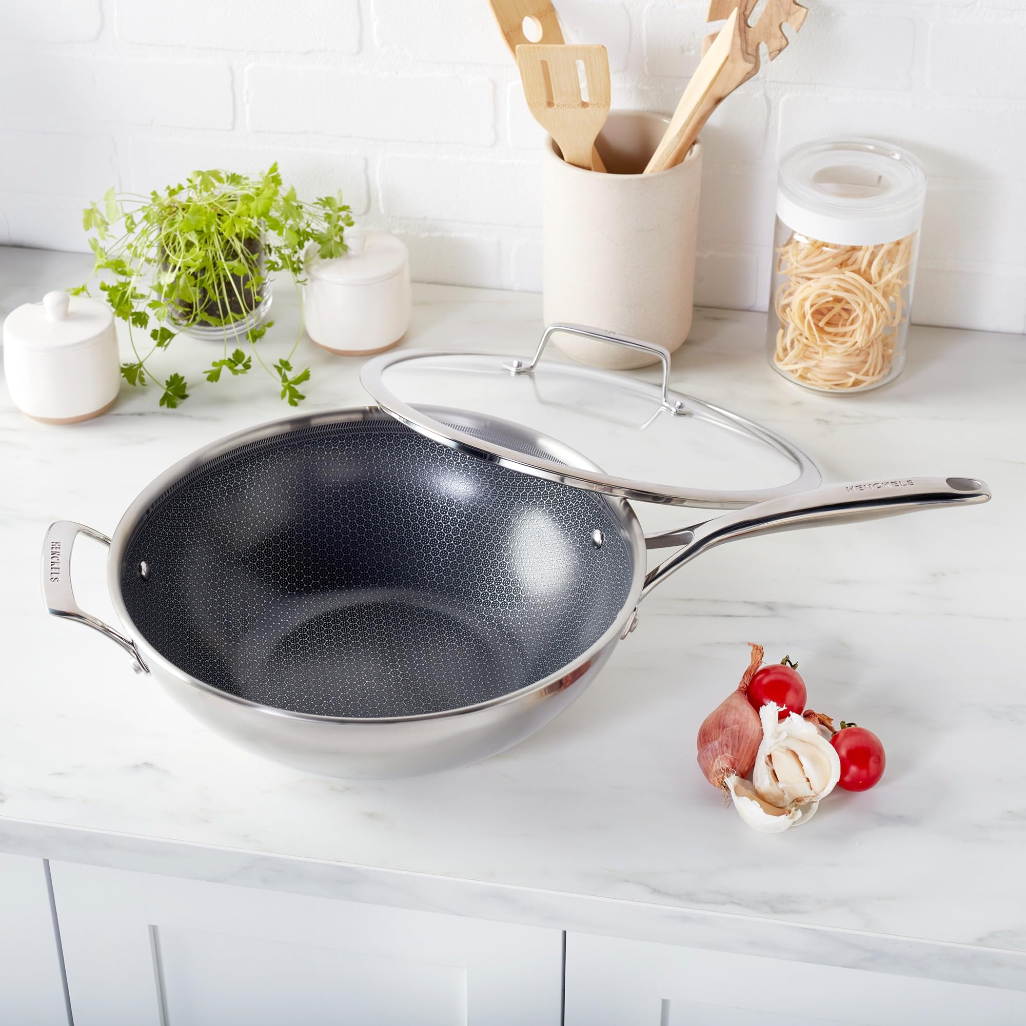 Henckels Paradigm Ceramic 12-inch Stainless Steel Dual Performance Wok with Lid