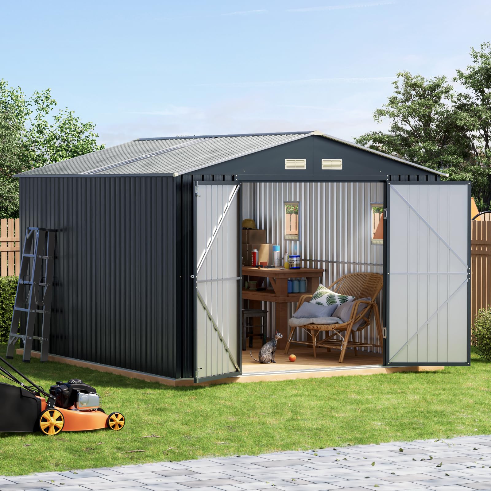Grovellis 10x12 FT Outdoor Metal Storage Shed, Double Swing Doors, 2 Clear Windows, Replaceable Skylight Roof Panel, Tool Shed for Garden, Patio, Backyard
