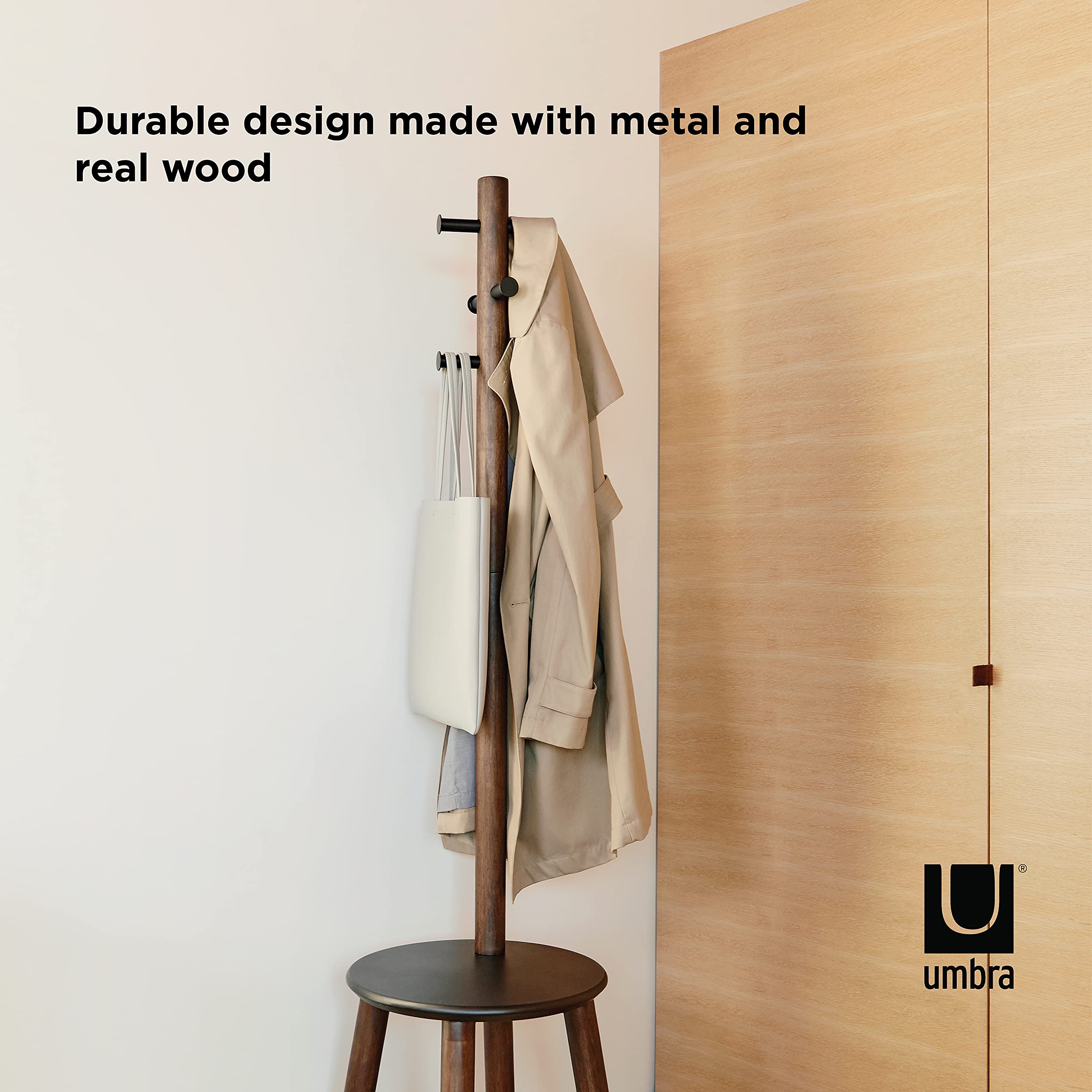Umbra Pillar Coat Rack, Stool, Black/Walnut