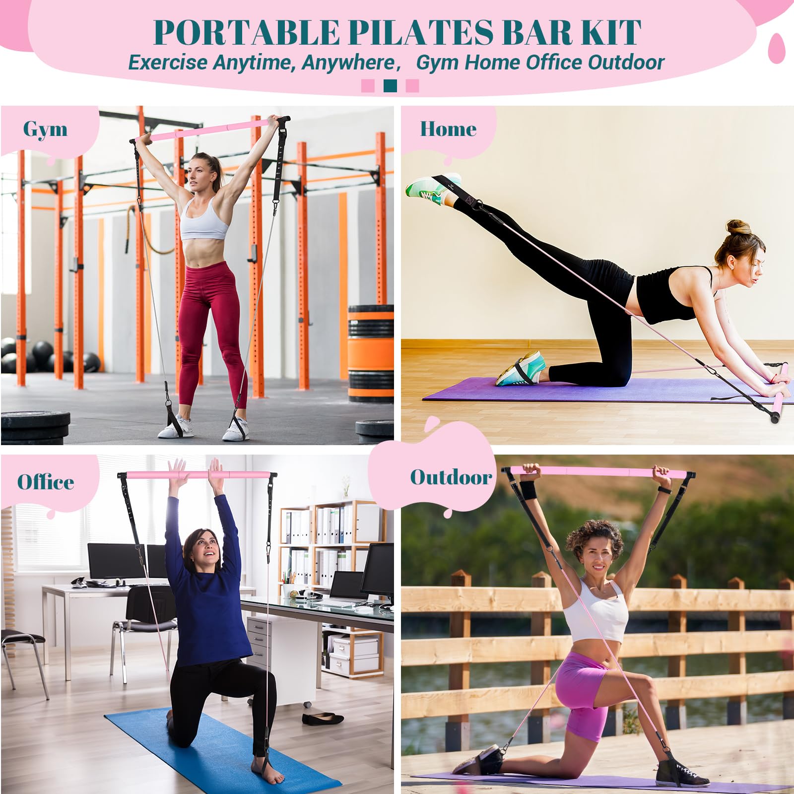 Pilates Bar Kit with Resistance Bands, Multifunctional Yoga Pilates Bar with Heavy-Duty Metal Adjustment Buckle, Portable Home Gym Pilates Resistance Bar for Women Full Body Workouts(20-150LBS)-Pink