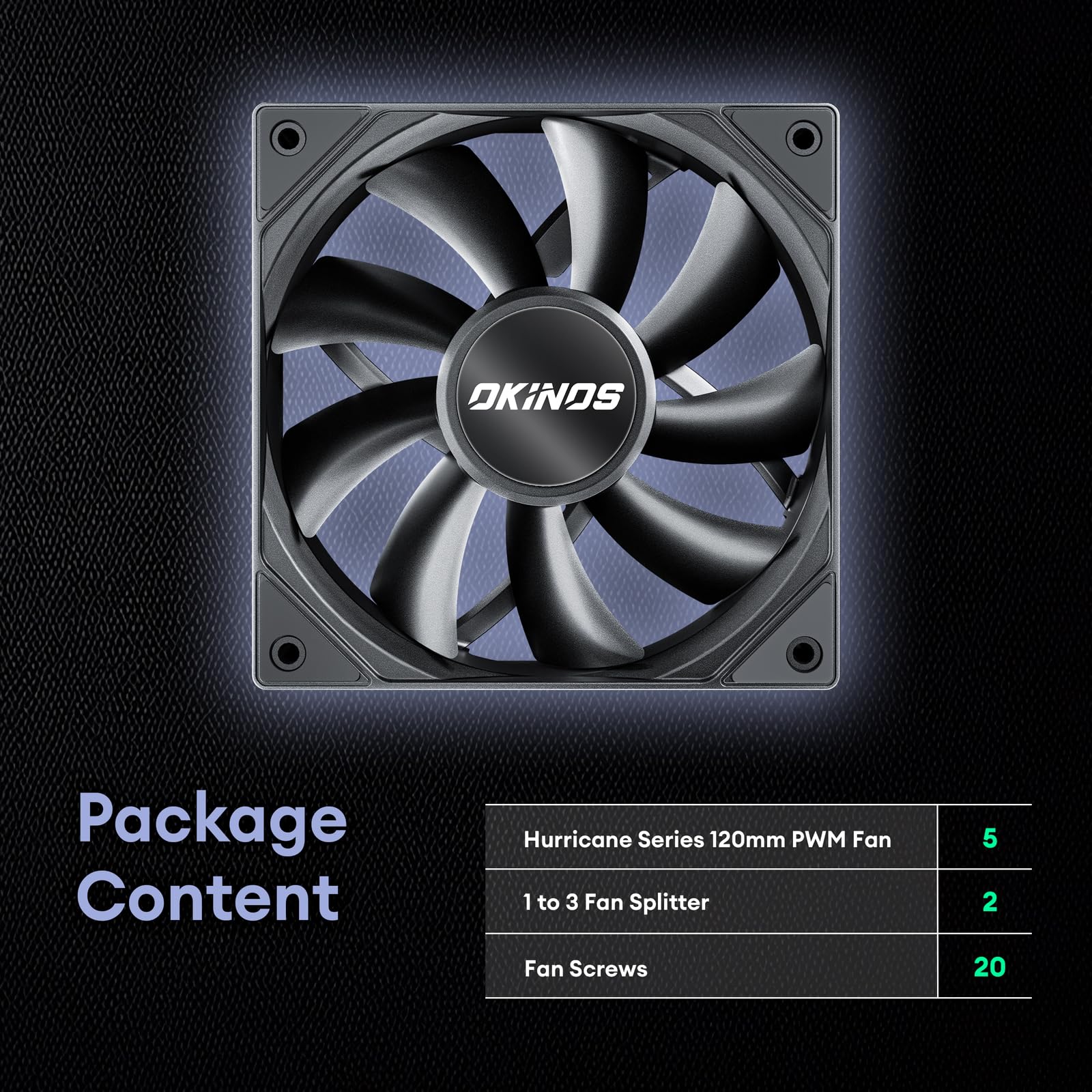 Okinos, 5 Pack, 120mm Case Fan, 4Pin PWM PC Fans, 67CFM, 1500RPM, High Airflow, Hurricane Series