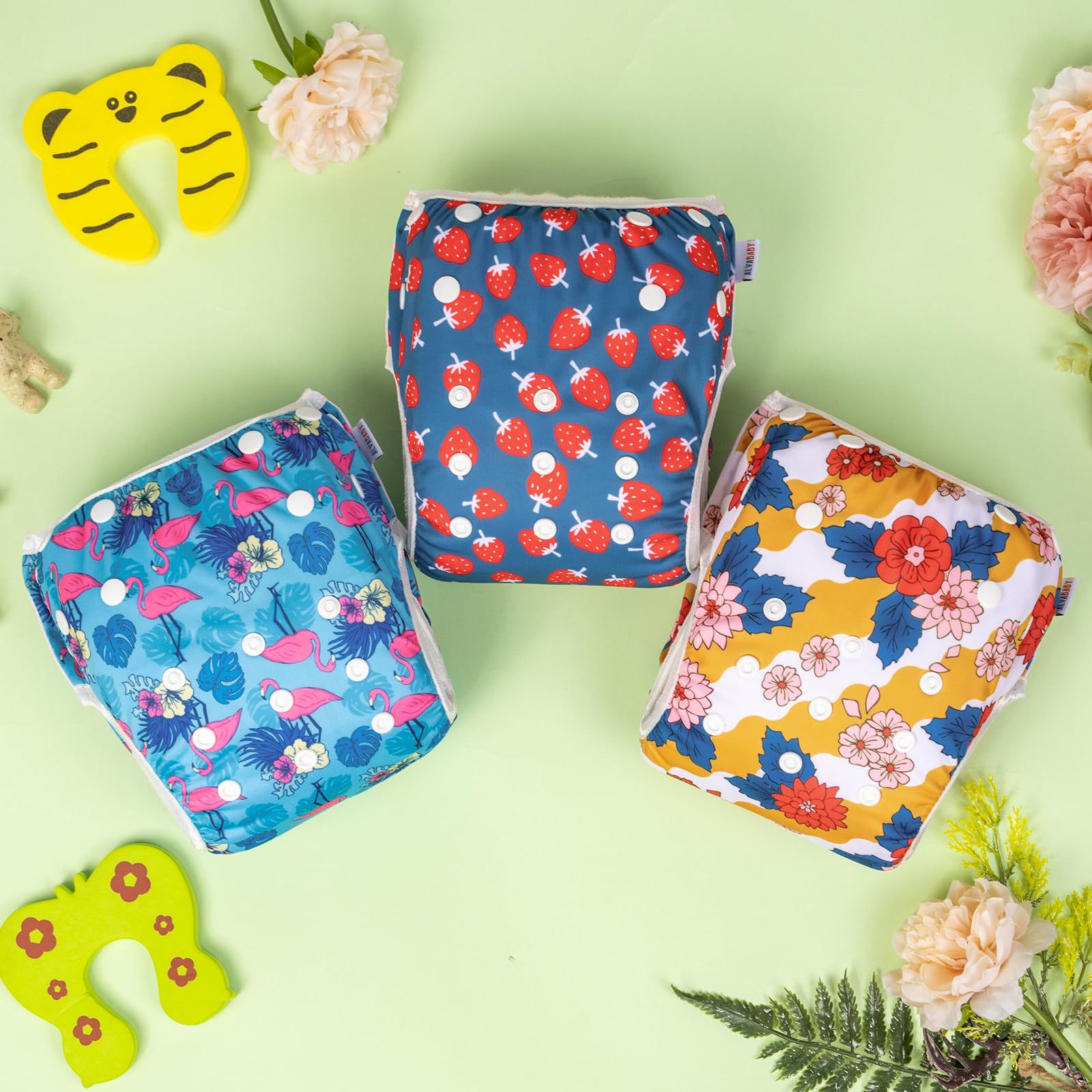 ALVABABY 3 Pack Large Swim Diapers, Baby/Toddler/Infant Snap Adjustable Reusable Swimming Diaper Baby Gift for Boy and Girl 3ZSWY40