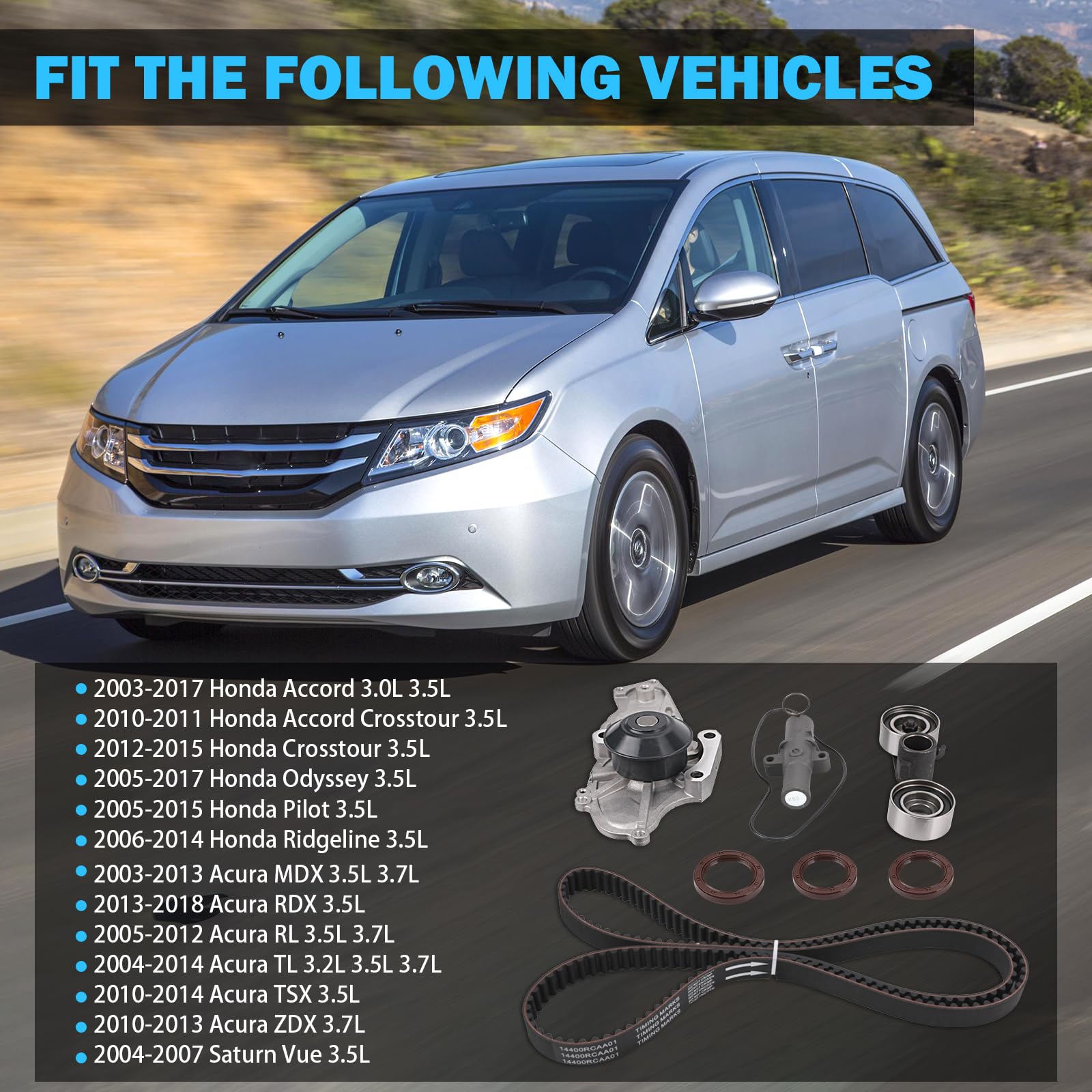 Timing Belt Kit with Water Pump for 3.0L 3.5L 3.7L 2003-2017 Honda Accord, Pilot, Odyssey, Ridgeline, Acura MDX, RDX, RL TL, TSX, ZDX - Replace # TCKWP329 TKH-002 - Timing Belt Water Pump Kit