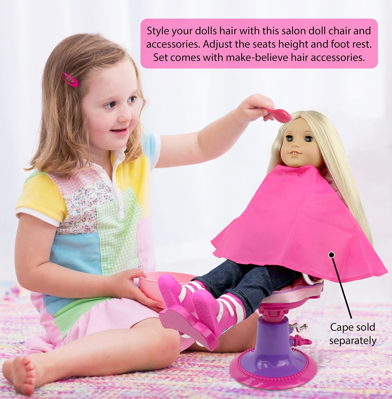 Click N' Play Doll Salon Chair for Pretend Play - Hair Salon Toys for Girls, Pretend Salon Kit with Accessories: Hair Brush, Curlers, Clips - Chair for Dolls - Girl Gift for Ages 3 Up, Pink, Purple