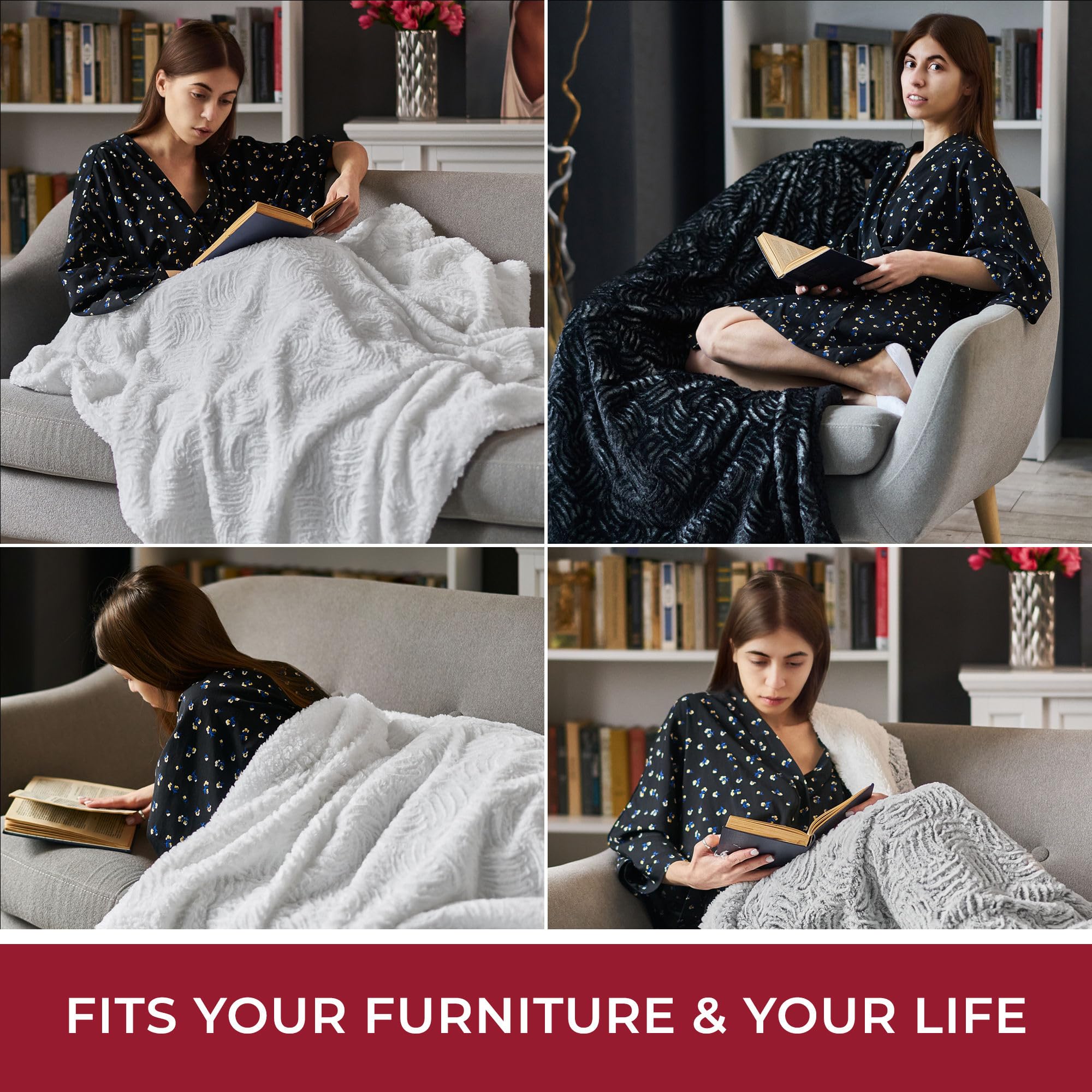 Mellanni Faux Fur Fuzzy Blanket - Soft Shaggy Plush Throw Blanket - Dual-Sided Faux Fur & Sherpa (50" x 60", Black)