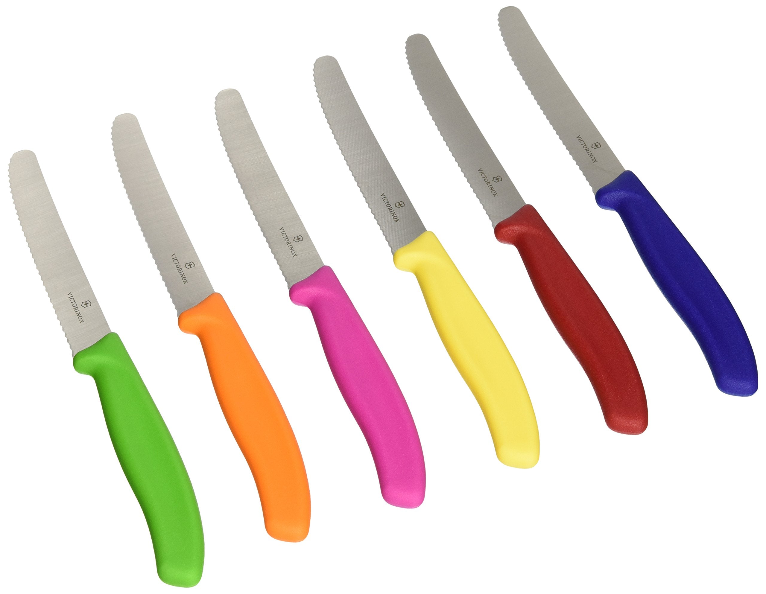 Victorinox Swiss Stainless Steel 6 Piece Round 4.5 Inch Serrated Steak Knife Set with Green, Orange, Pink, Yellow, Red, and Blue Fibrox Handles
