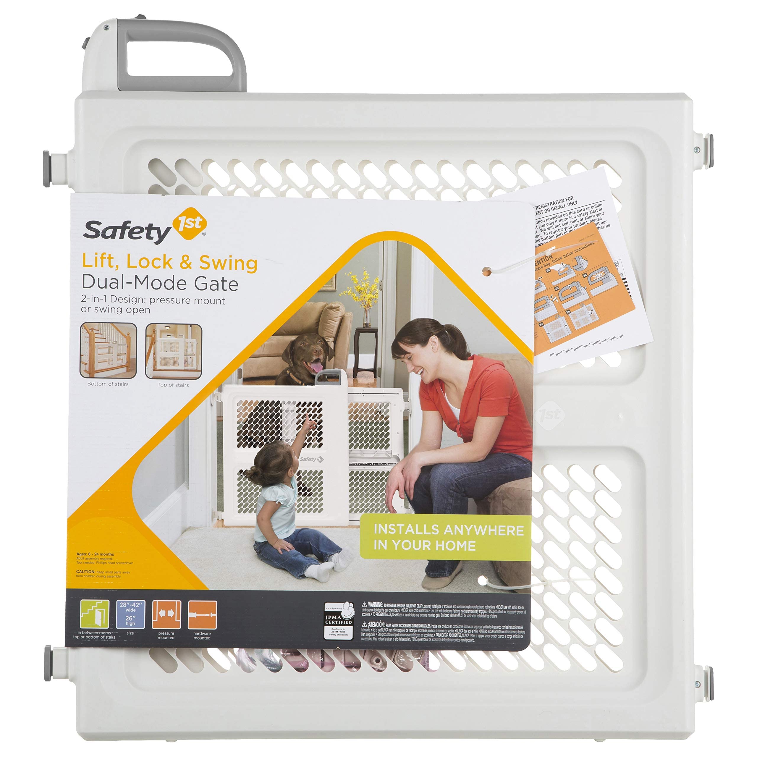 Safety 1st Baby Gates for Doorways, Pressure Mount Lift, Lock and Swing Gate, Dog Gates, Hardware Baby Gate for Stairs Fits 28"-42" Wide