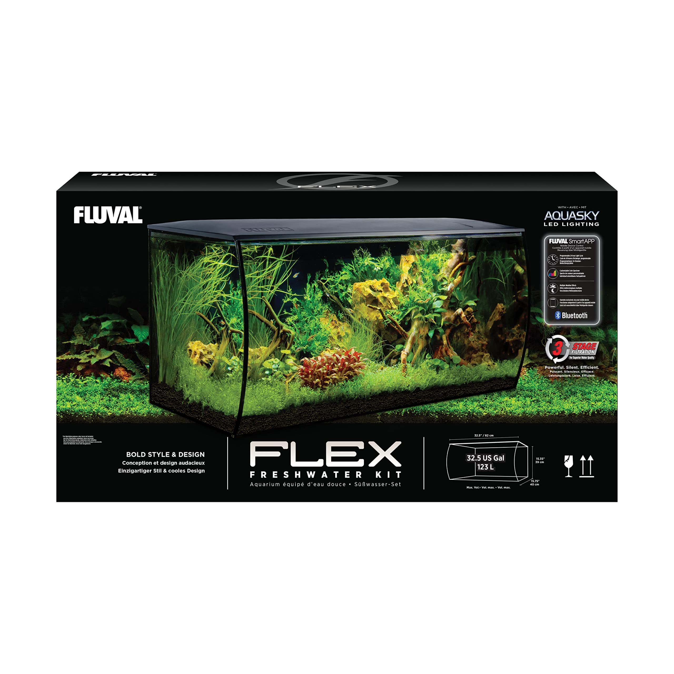 Fluval Flex 32.5 Aquarium Kit - Fish Tank for Fish & Plants - Comes with LED Lights, Filtration System & More - 32.5" x 15.75" x 15.35" - 123 L, 32.5 Gal. - Black