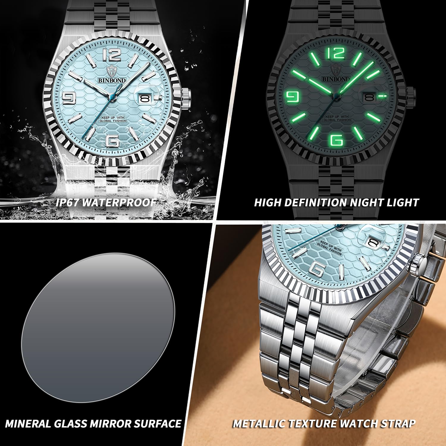 Men's Modern Wristwatch with 3D Textured Dial, Luminous Hands, 30M Water Resistant, Stainless Steel Strap & Quartz Movement, 40mm Slim Designv (Light Blue)