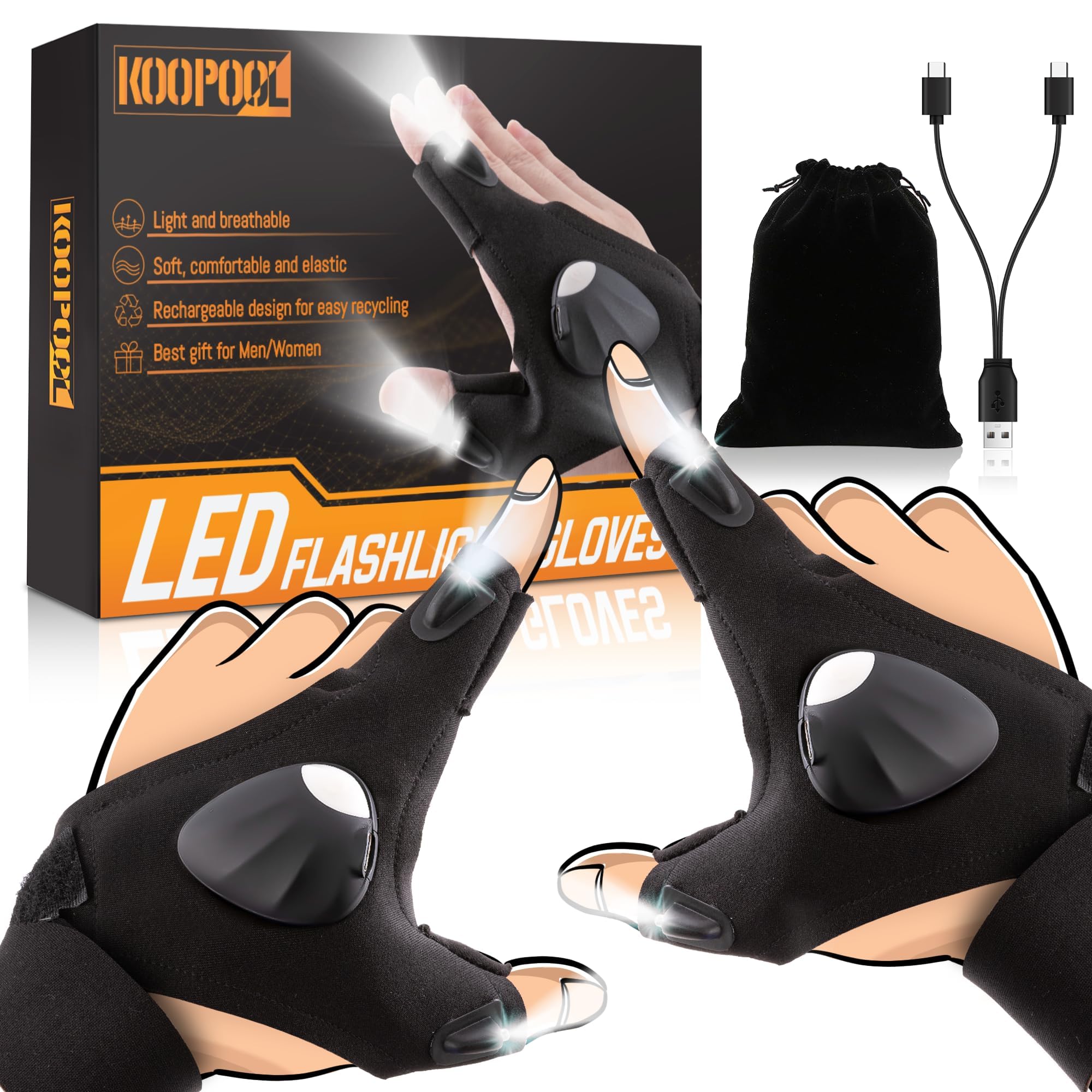 KOOPOOL Father's Day Gifts for Dad Husband Boyfriend, 1st Father Day Gift Ideas from Kid Daughter Son Wife, Finger Lights for Men, LED Light Gloves, Rechargeable Flashlight Glove