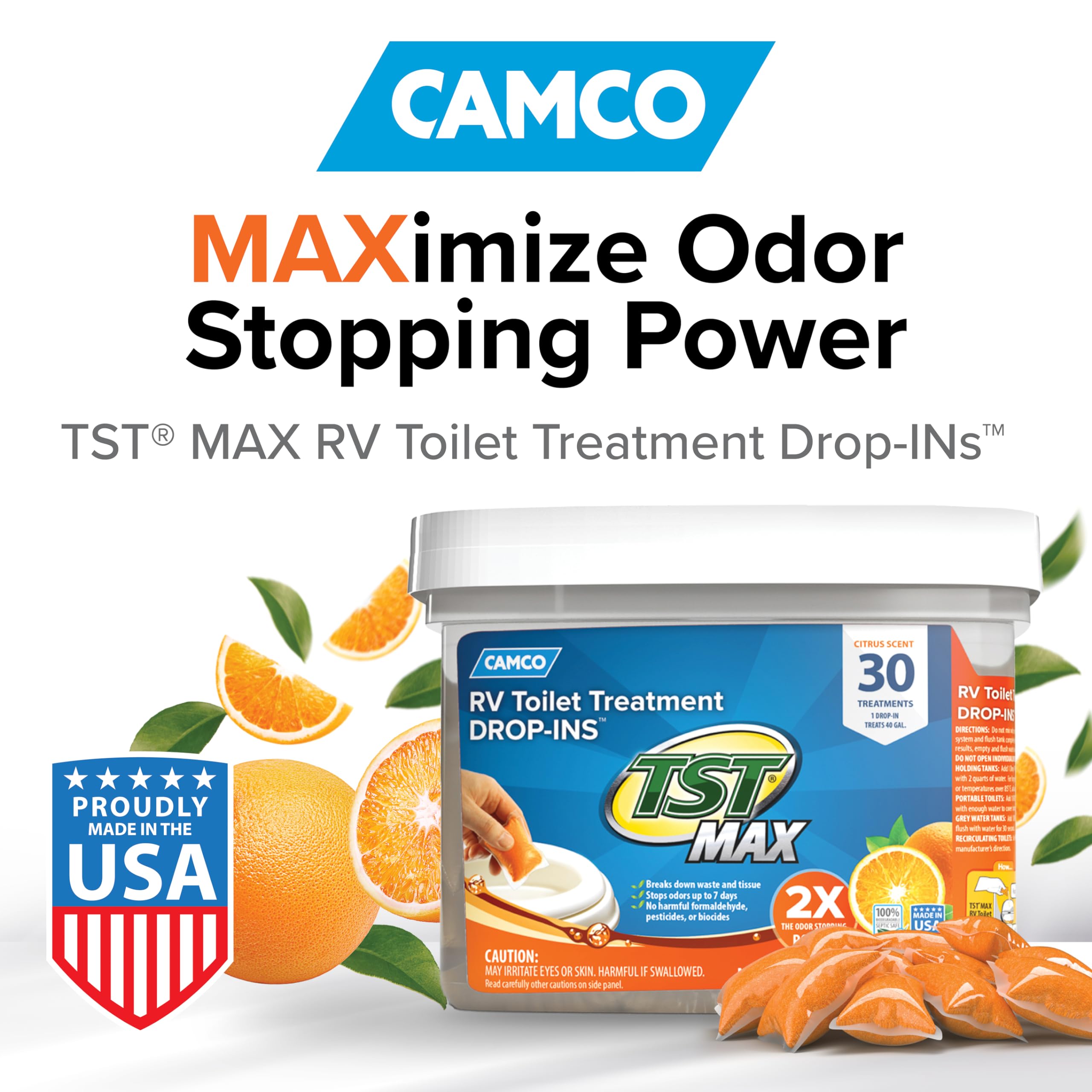 Camco TST MAX Camper / RV Toilet Treatment Drop-INs - Control Unwanted Odors & Break Down Waste and Tissue - Safe Septic Tank Treatment - Orange Scent, 30-Pack (41183)