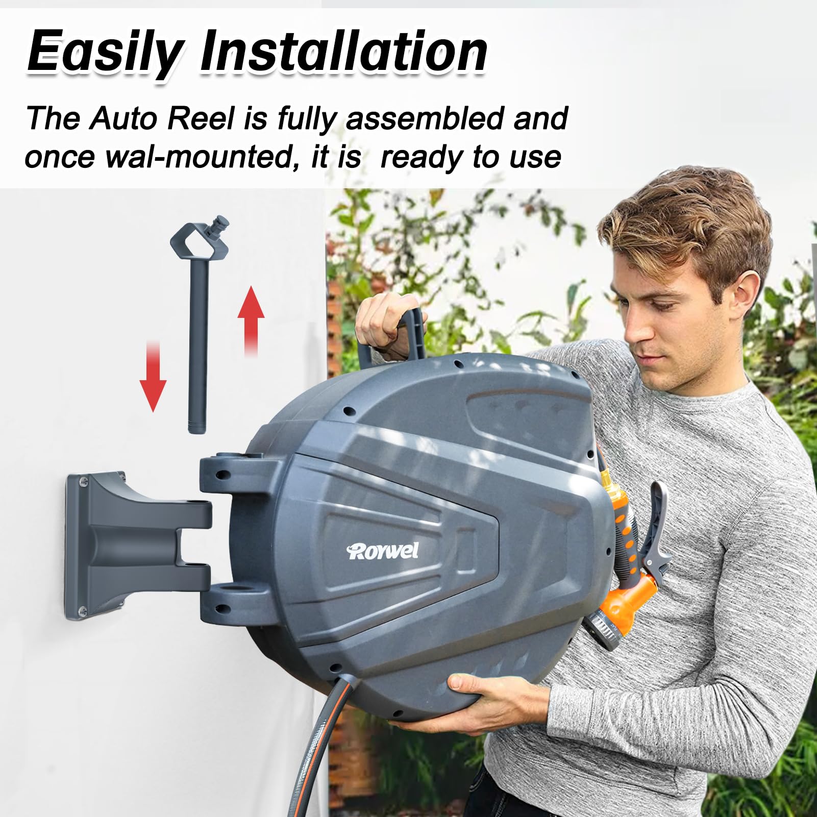 Roywel Retractable Hose Reel 1/2" X 100ft Garden Hose Reel,Auto Rewind/Self-Locking System/Wall Mounted/180°Pivot Bracket With 9- Function Sprayer Nozzle For Garden Lawn Garage watering