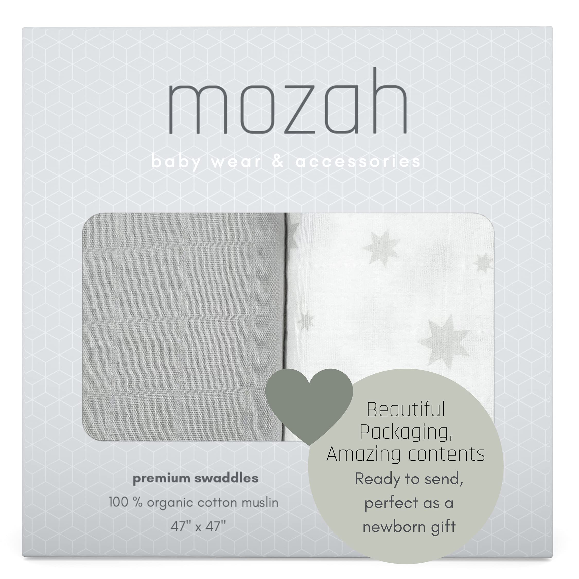 MOZAH Organic Muslin Swaddle Blankets - 100% Soft Organic Cotton - Baby Girl Blanket and Baby Boy Blanket - Ideal Baby Registry Items Unisex Essentials - Baby Swaddles (Grey & Stars)