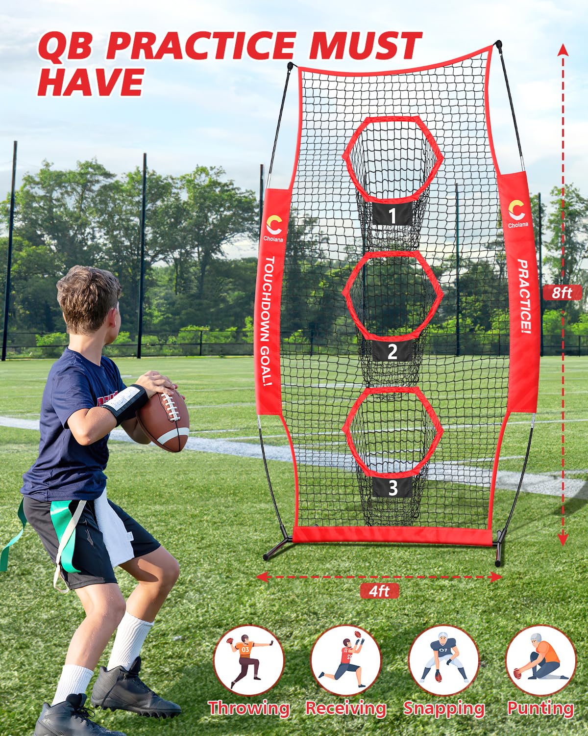 Choiana Football Net, 8 x 4ft Football Throwing Target Net Trainer w/ 3 Pockets, Practice Net Quarterback Training Equipment for Throw Accuracy Improving w/Carry Bag, Ground Stake for Backyard Kids