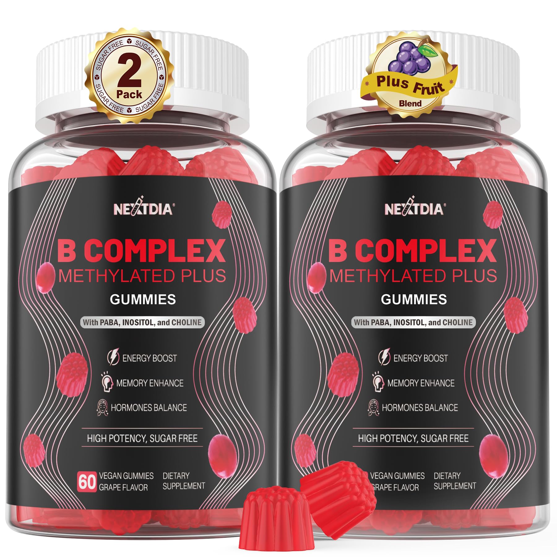 Nextdia Brain & Mood Support Gummies, Super Vitamin B Complex for Men & Women, All B Vitamin B1 B2 B3 B5 B6 B7 Folate MethyB12 with PABA, Inositol, Choline, Supports MTHFR Gene & Energy, Vegan, 120Ct