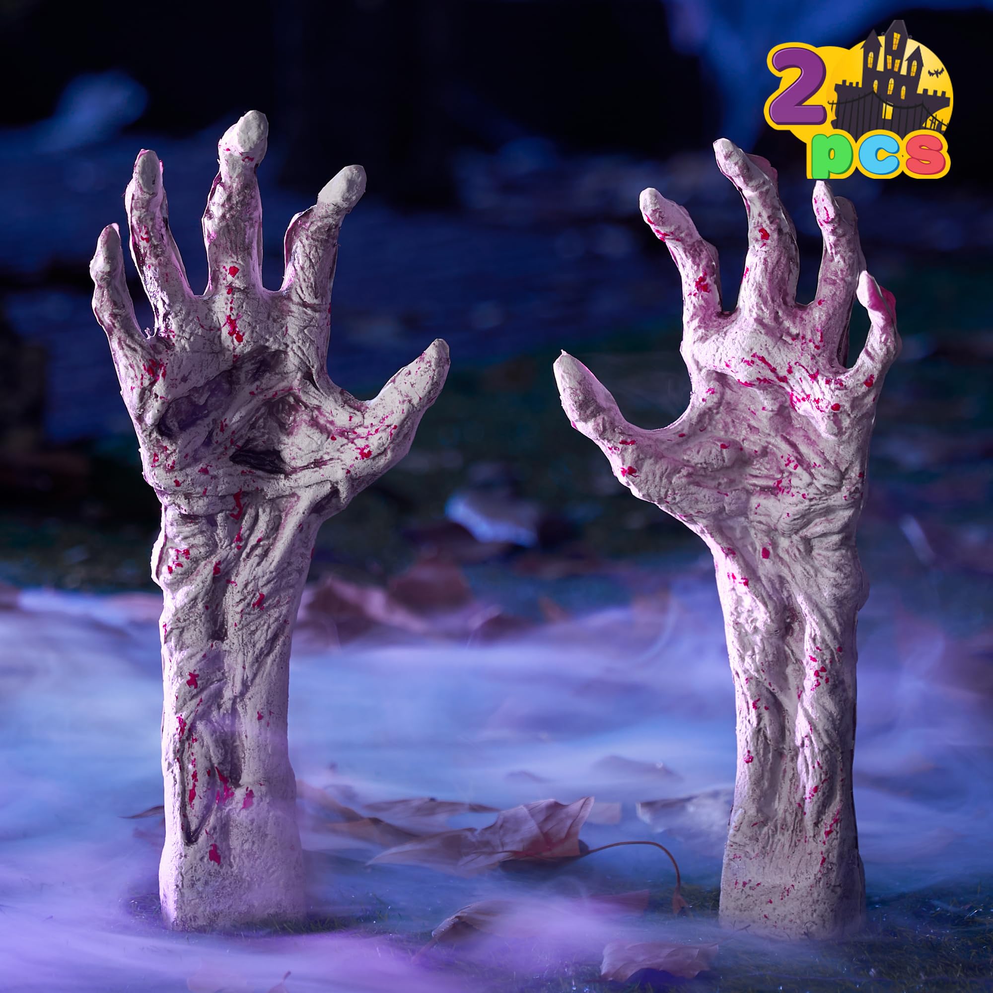 JOYIN Bloodstain Zombie Arm Stake Groundbreaker Halloween Outdoor Decoration Realistic Looking Fake Arm Hands Yard Stakes for Halloween Haunted House Yard Decoration