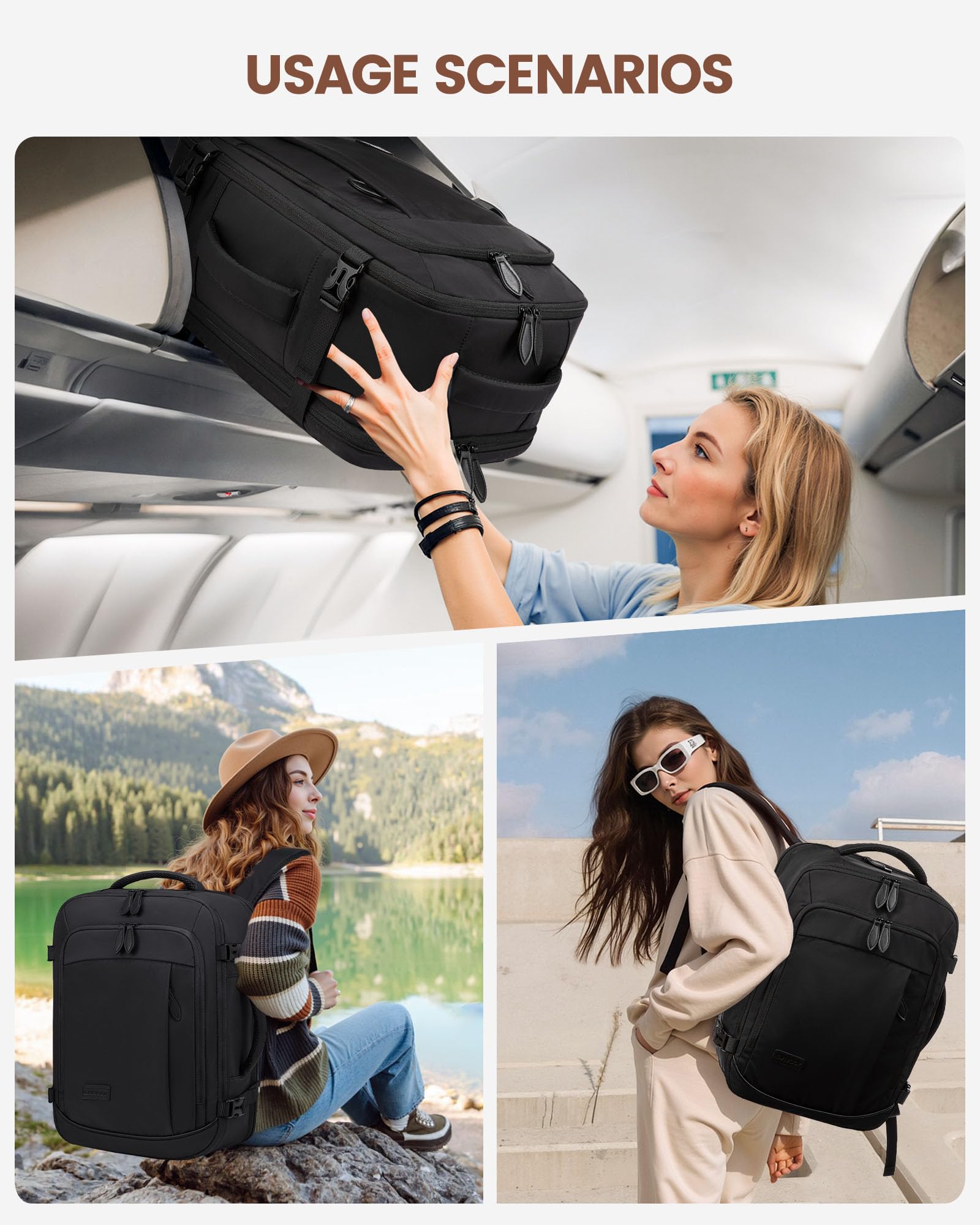 LOVEVOOK Travel Backpack for Men Women, 35L Large Carry On Bag Fits 15.6" Laptop, Flight Approved Personal Item, Waterproof Luggage for Daily Use Weekender Trip Work Business Uni, Black