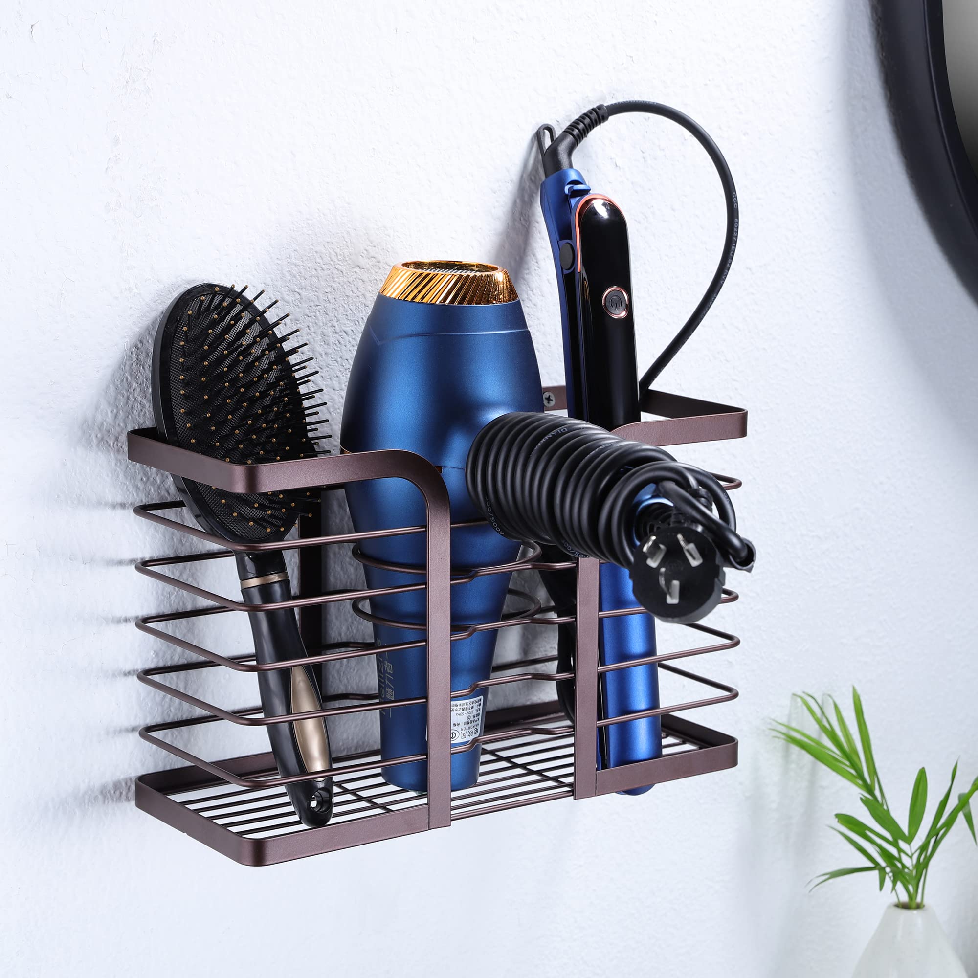 YIGII Hair Dryer Holder - 3-in-1 Blow Dryer Holder Adjustable Height Brown Bathroom Organizer Wall Mounted/Cabinet Door Styling Tools Storage for Hair Dryers, Straighteners
