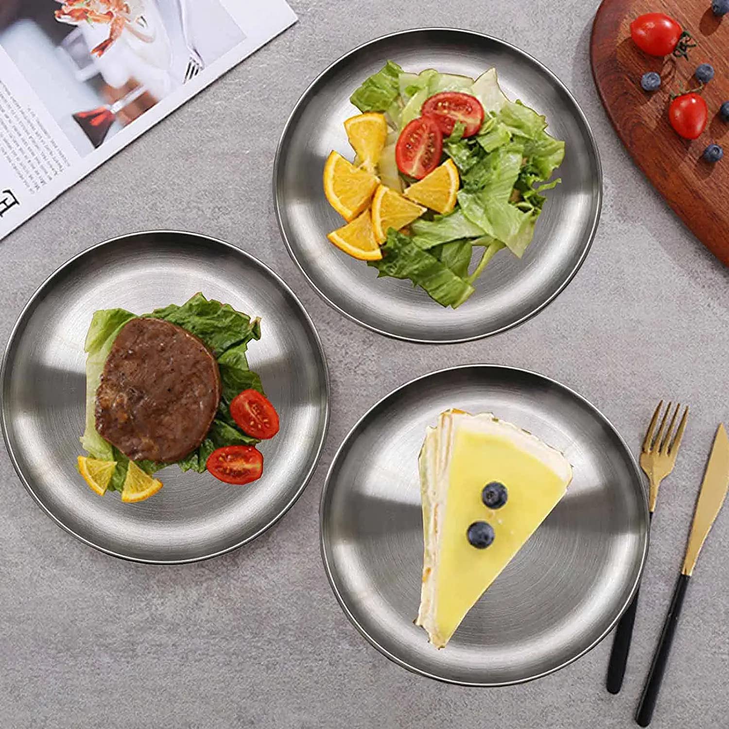 JXHAPY Reusable Brushed Metal Dinner Plates-Stainless Steel Round Plates,Dinner Plate Dish Heavy Duty Kitchenware Round Metal Plates | Dishwasher Safe |Use for BBQ Steak (10 Inch 4 Pack)