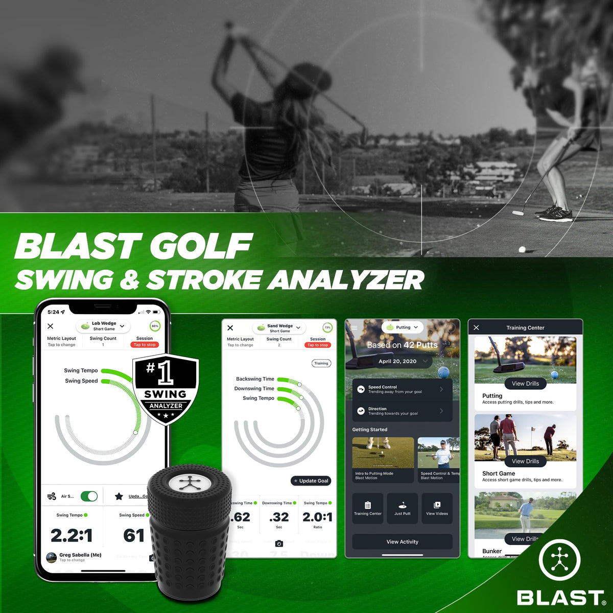 Blast Golf Swing & Stroke Analyzer - Lower Your Scores from tee to Green - Real-time Feedback, Swing Metrics, Video Capture Highlights, Track Performance (gen3 Sensor)