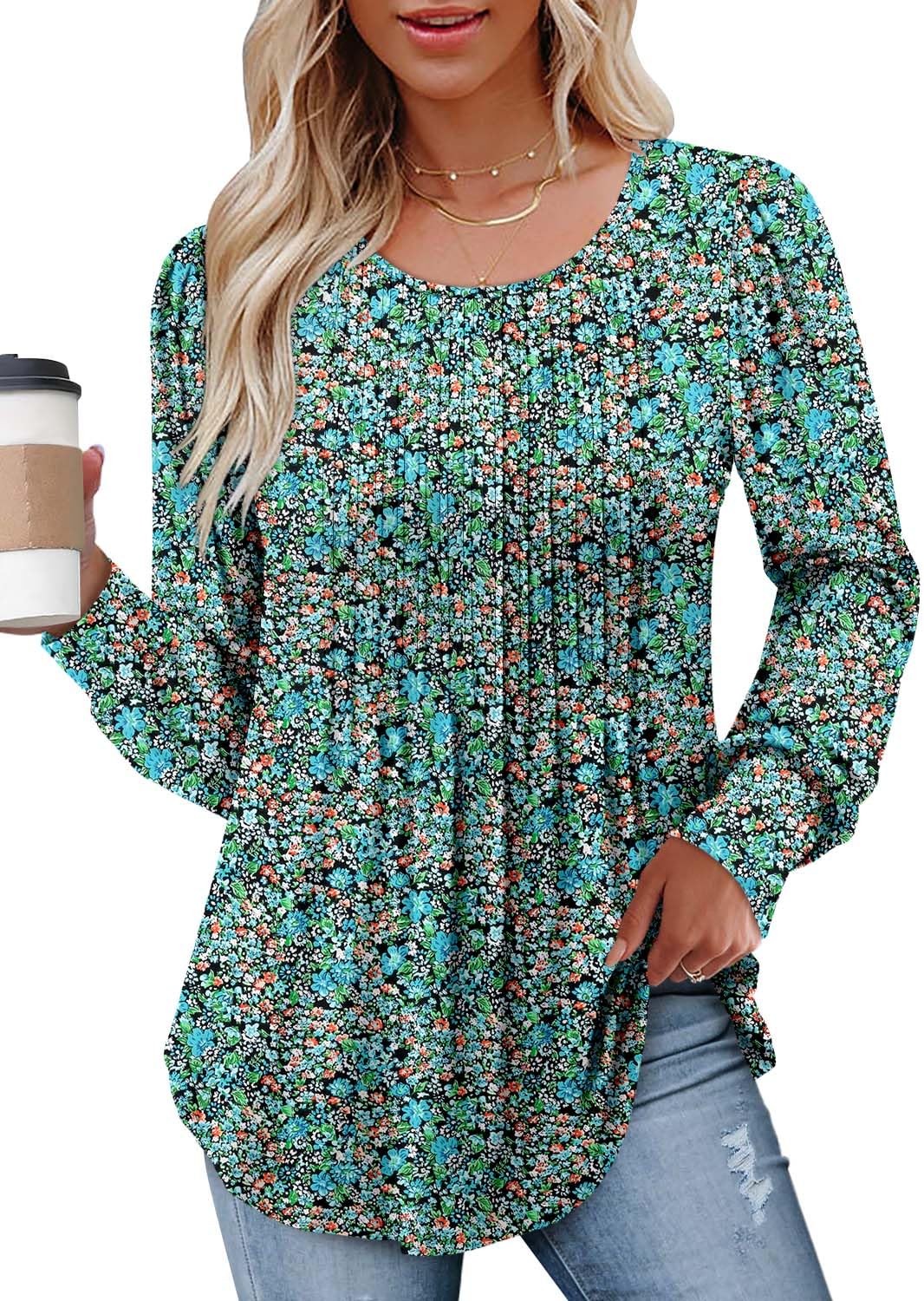 BETTE BOUTIK plus size womens tops spring fall long sleeve tunic tops for women loose fit floral shirt Painted Blue X-Large