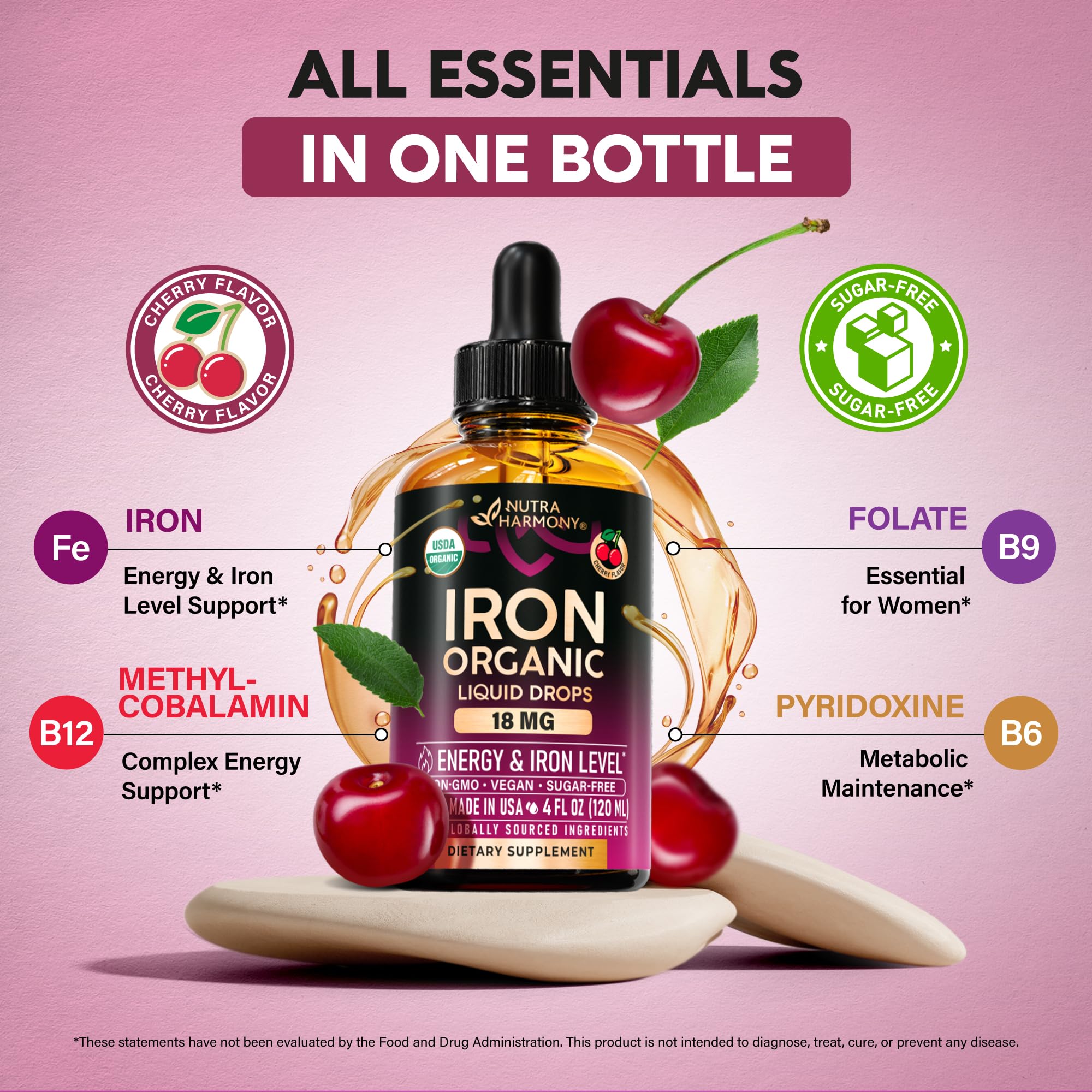 Liquid Iron Supplement for Women 18 mg - USDA Organic Drops, USA-Made - with Folate, Vitamin B12 & B6 - Iron Level & Energy - Gentle & High Absorption Glycinate Form - Cherry Flavor, Sugar-Free, 4 oz