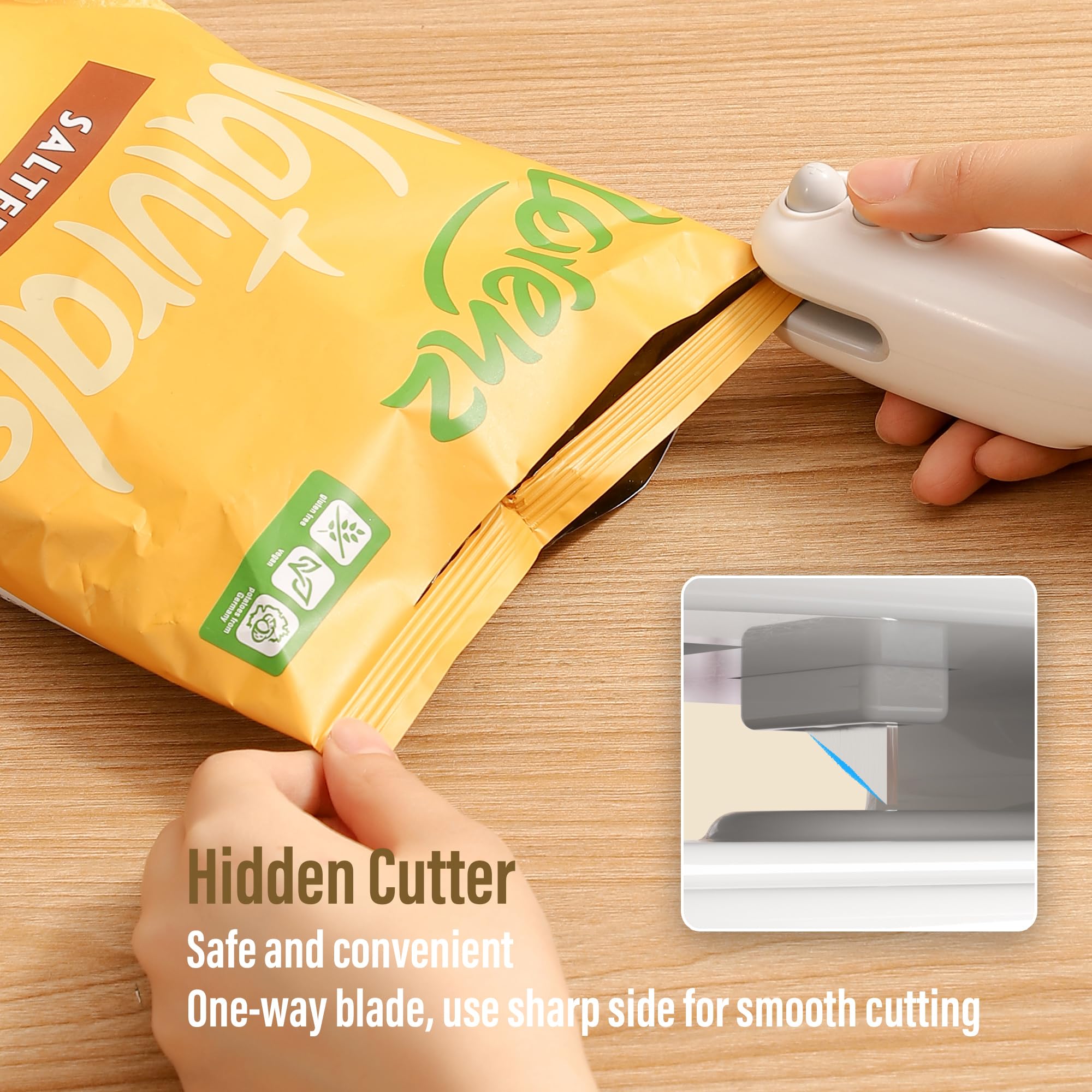 MORNIIE Mini Bag Sealer with Cutter, Rechargeable, Handheld Heat Sealer Machine with Magnetic, Portable Bag Sealer Heat Seal for Keep Food Fresh and Snacks Crispy. Blue