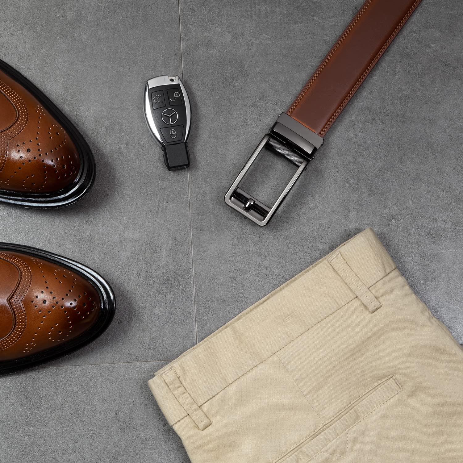 Founders & C Men's Leather Ratchet Comfort Click Belt Dress with Slide Buckle -Adjustable Trim to Fit (28"-42" Waist Adjustable, Burnt Umbe/Cognac)