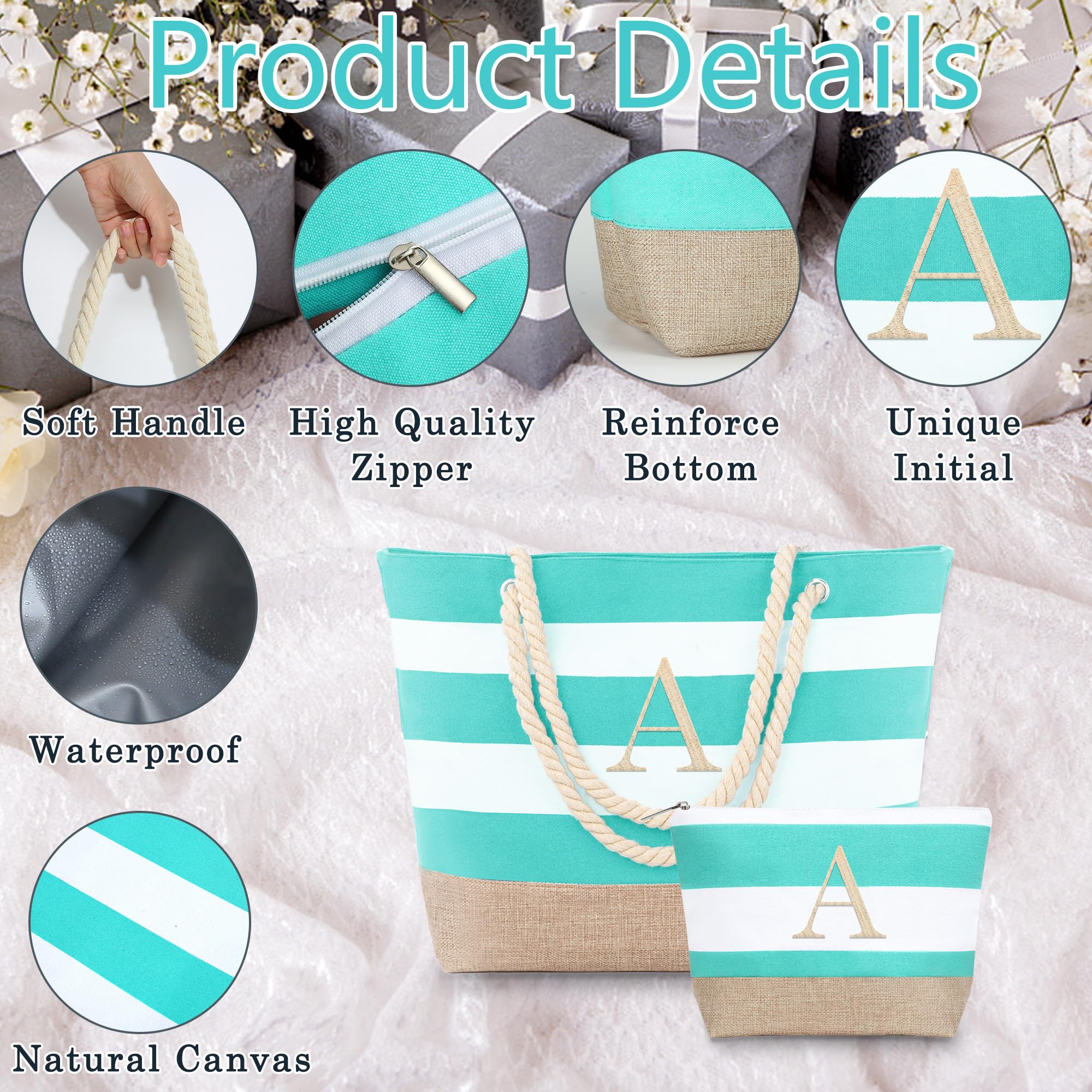 YOOLIFE Initial Beach Bag - Monogram Travel Canvas Beach Bag Makeup Bag Zipper, Personalized Birthday Gifts for Her Girlfriend Mom Friend Female Teacher Bridesmaid Waterproof Bag Christmas Gifts J