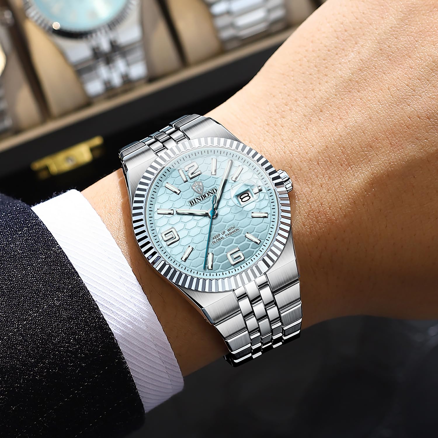 Men's Modern Wristwatch with 3D Textured Dial, Luminous Hands, 30M Water Resistant, Stainless Steel Strap & Quartz Movement, 40mm Slim Designv (Light Blue)
