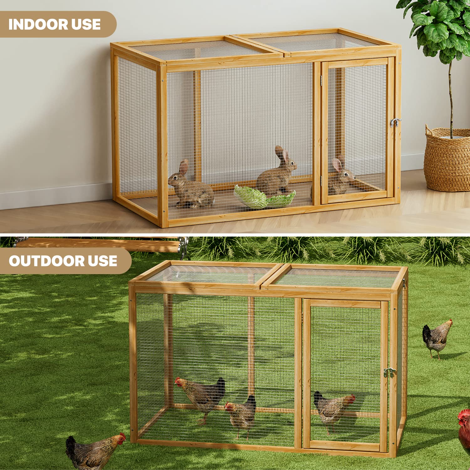 MoNiBloom Chicken Run for Yard Wood Chicken Cage Rabbit Hutch Bunny Pen with Openable Roof and Side Door, Outdoor Lockable Duck Coop Small Animal Habitat Enclosure Hen Coop Add-Ons, 45 x 24 x 28 inch