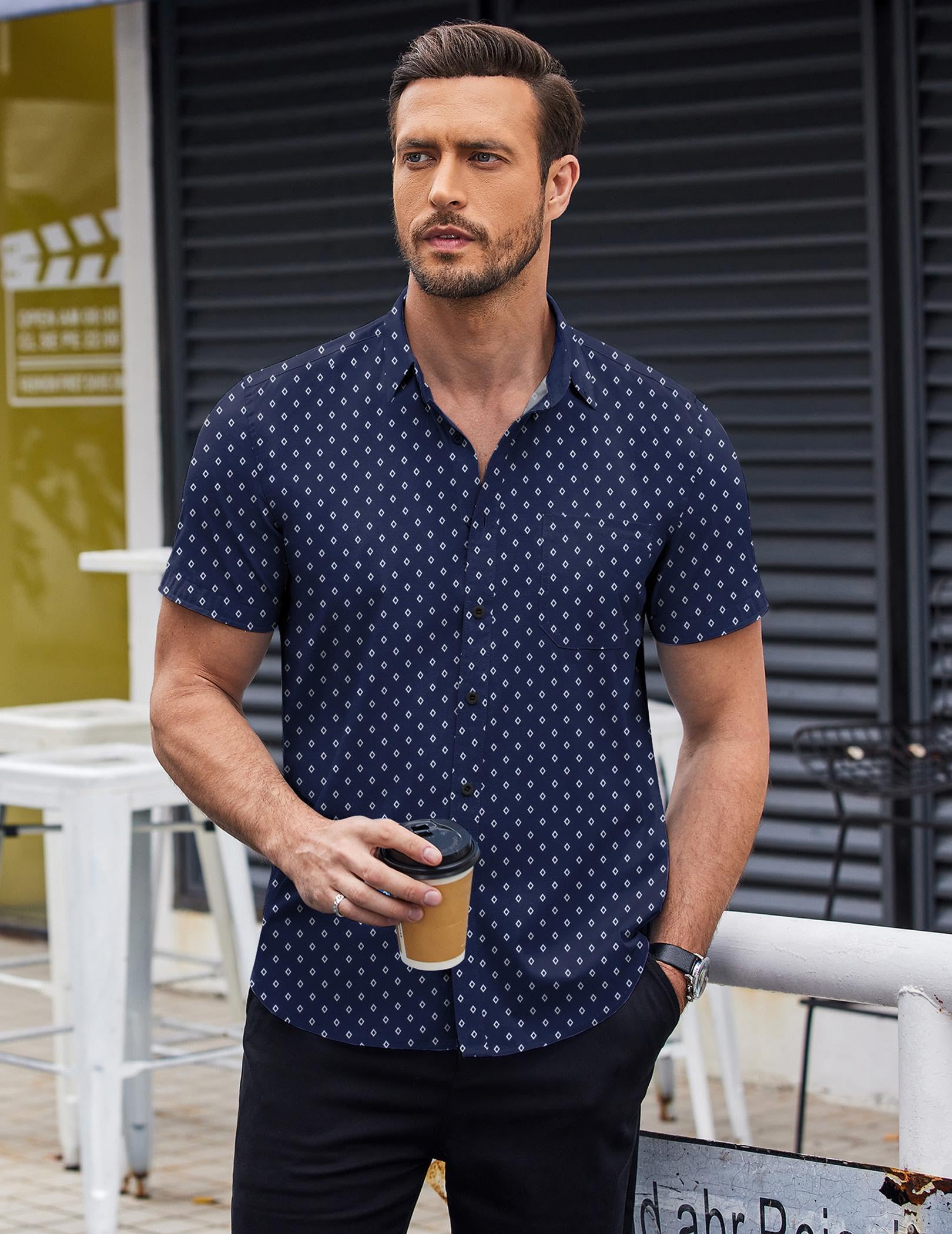 COOFANDY Men's Short Sleeve Dress Shirts Wrinkle Free Polka Dot Print Shirt Casual Button Down Shirts with Pocket