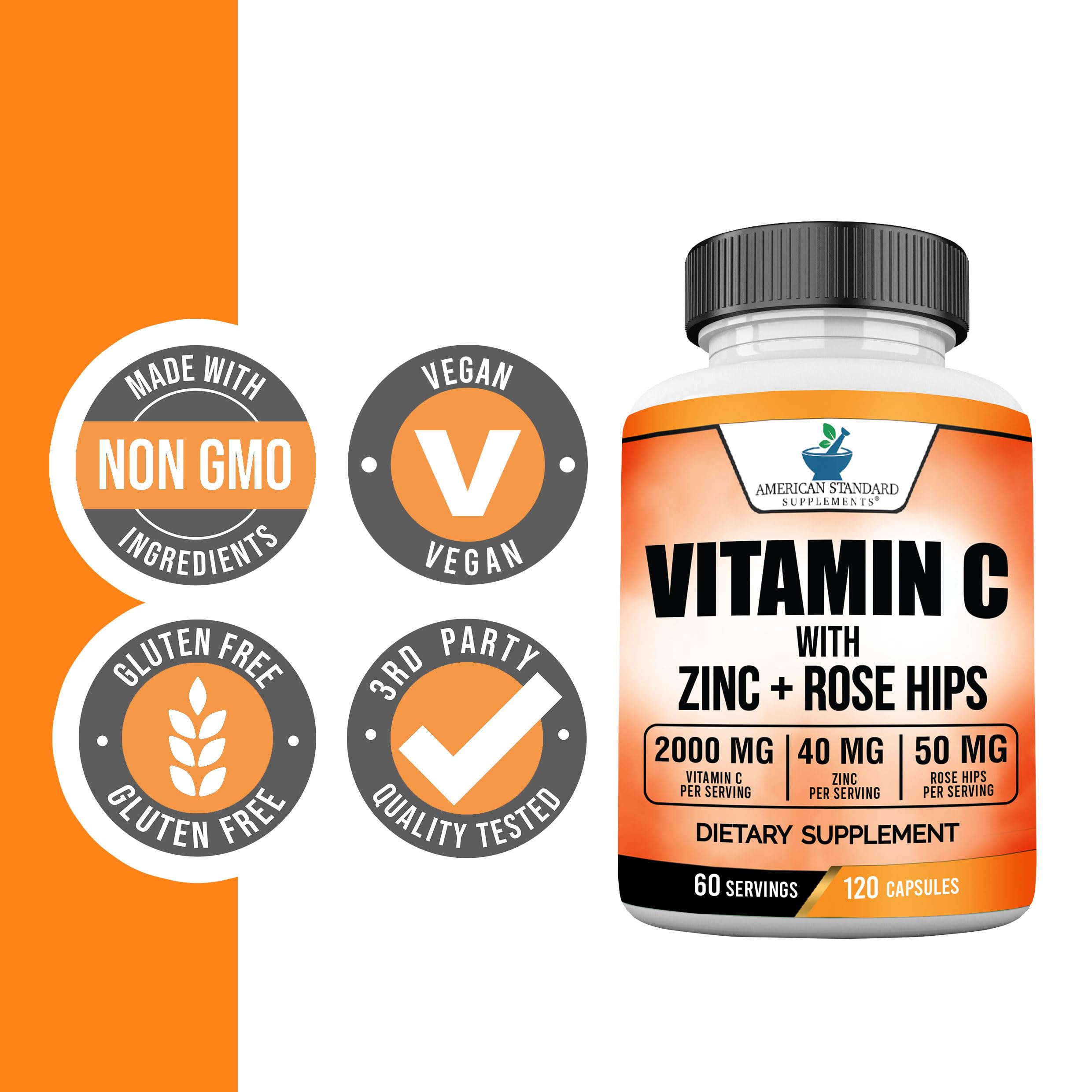 American Standard Supplements Vitamin C 2000mg, Zinc 40mg, and Rose HIPS 50mg Per Serving – Vegan, Gluten Free, Non-GMO (120 Count) (Pack of 2)