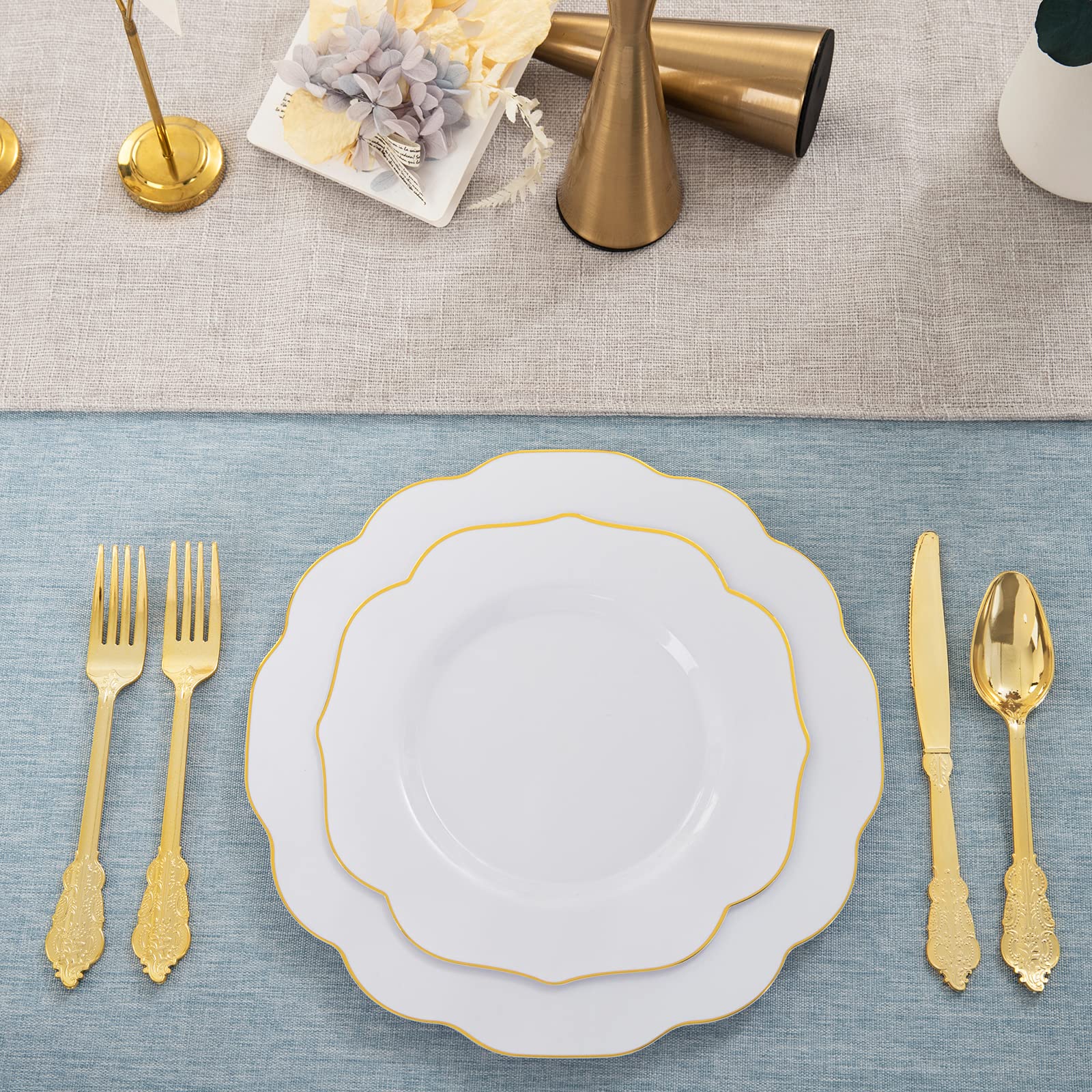 NOCCUR 120PCS Gold Plastic Plates Disposable for 60 Guests - Include 60 Dinner / 60 Dessert Plates Heavy Duty for Wedding&Party