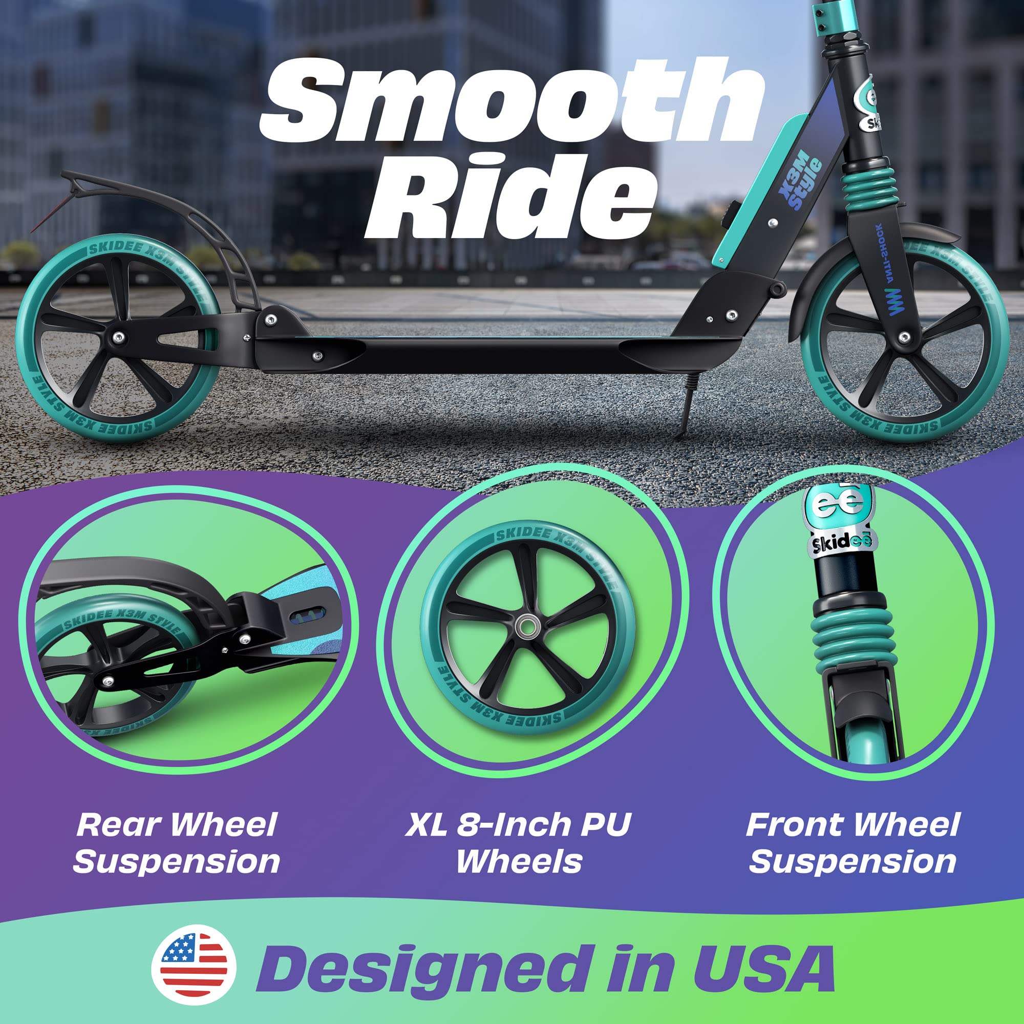 Skidee Kick Scooter for Kids Ages 6+ - Adjustable Handlebar Up to 41" High, Large Wheels, Anti-Shock Suspension - Foldable, Lightweight Scooters for Kids, Teens & Adults, Max Load 220 Lbs