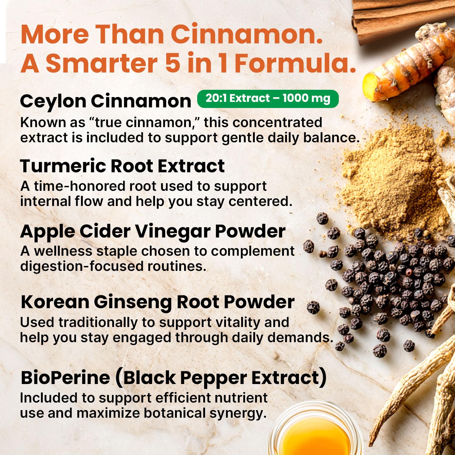 5-in-1 Ceylon Cinnamon Powder Extra Strength – Organic Ceylon Cinnamon Capsules with Turmeric, Apple Cider Vinegar, Korean Ginseng & BioPerine for Metabolism & Energy Support Pills (120 Ct, 4 Pack)