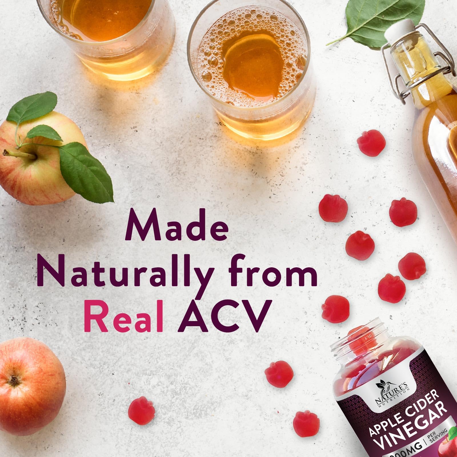 Nature's Nutrition Apple Vinegar Gummy for Weight Loss 1000mg - Vegan Apple Cider Vinegar Gummies for Detox & Cleanse, ACV Supplement Pills, Vitamin B12, Beetroot & Pomegranate, Non-GMO - 120 Gummies