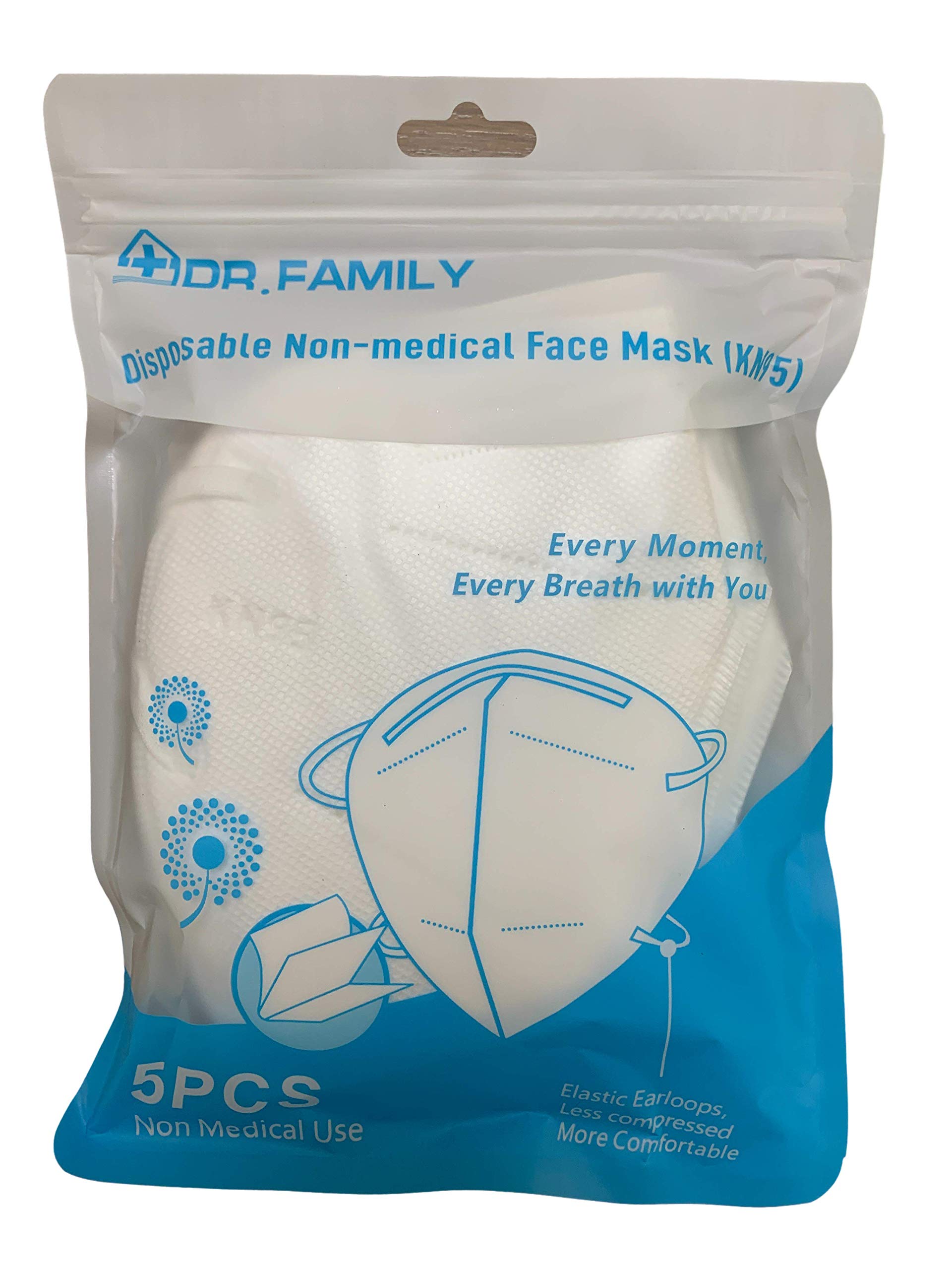 Dr. Family 20 Units Disposable KN95 Face Masks, Non-Woven 5-Layer Disposable Mask, Elastic Ear Loops, Adjustable Nose Wire, Light Weight, Perfect for Office, Travel, and Indoors, 20 Units/Box