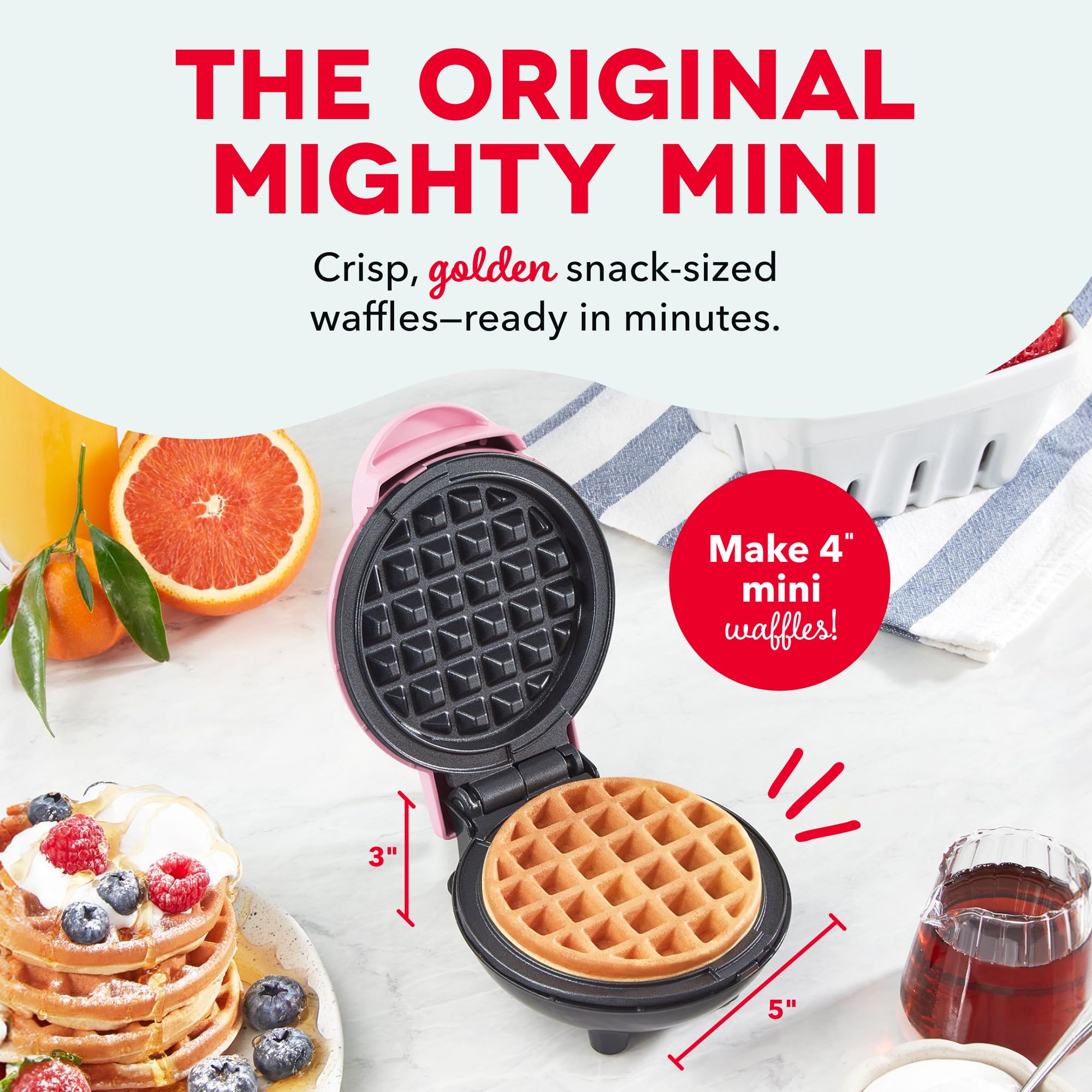 Dash Mini Waffle Maker- Compact Electric Iron for Creative Homemade Treats - PTFE nonstick surface - Easy-to-Clean - Perfect for Kids & Families - Pink