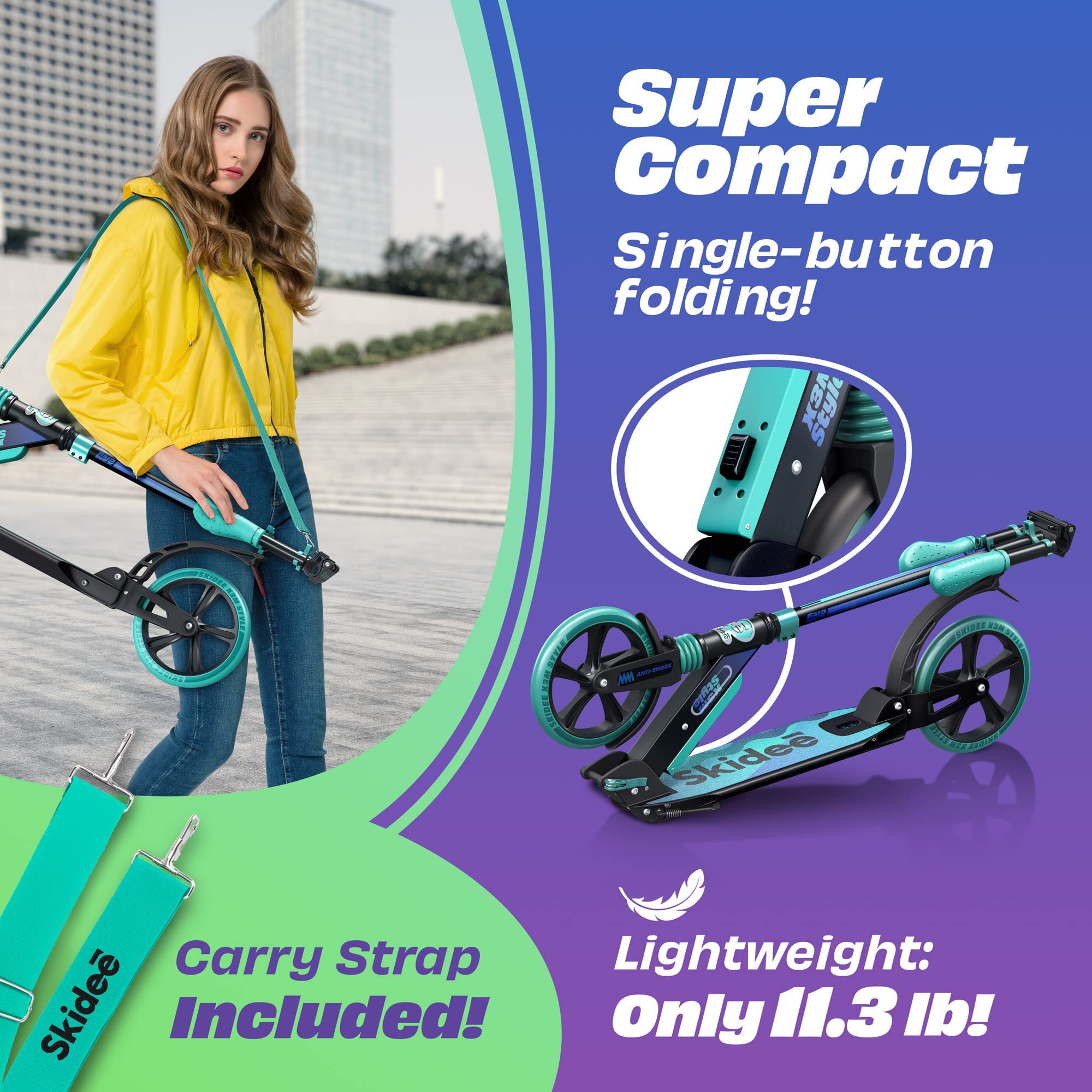 Skidee Kick Scooter for Kids Ages 6+ - Adjustable Handlebar Up to 41" High, Large Wheels, Anti-Shock Suspension - Foldable, Lightweight Scooters for Kids, Teens & Adults, Max Load 220 Lbs