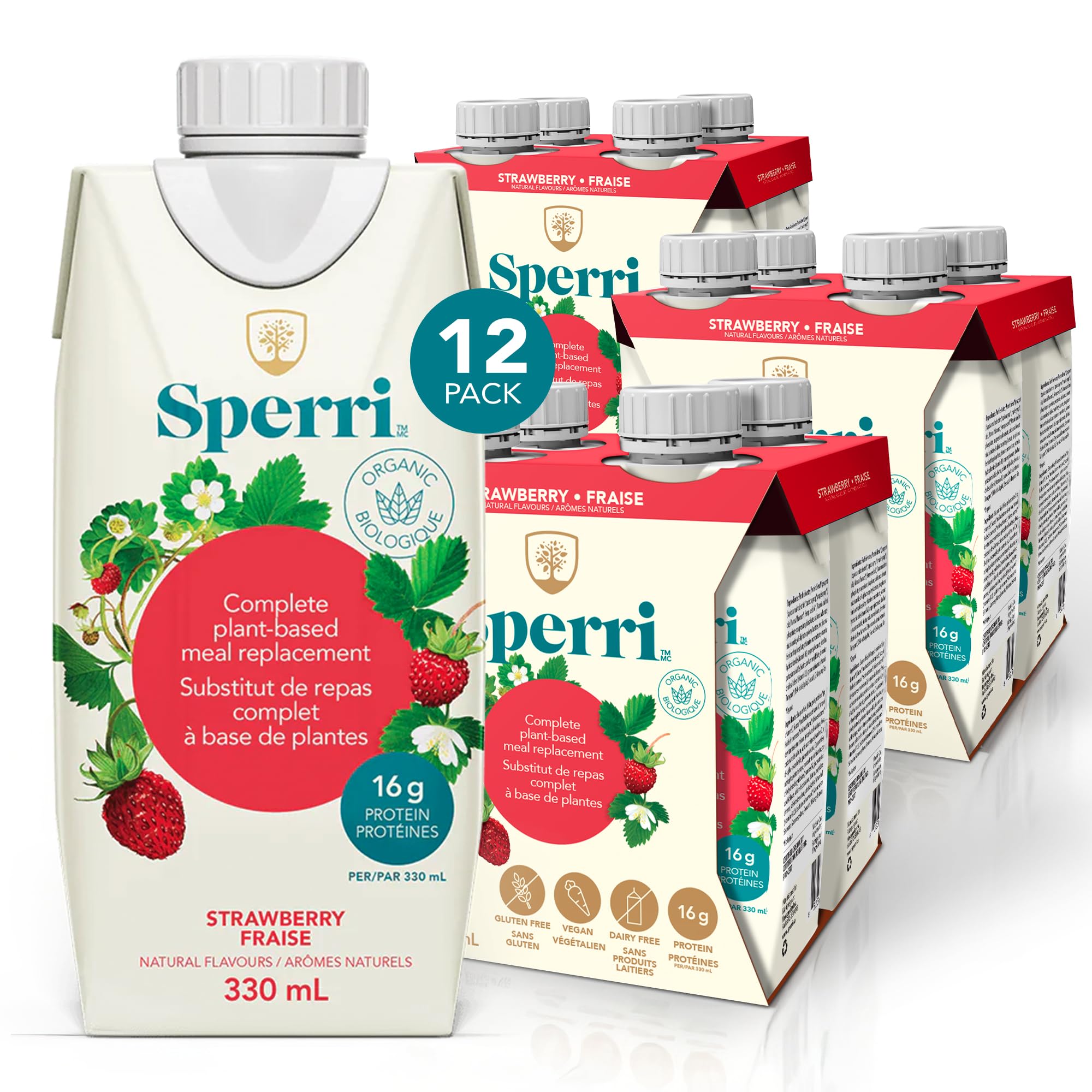 Sperri Plant-Based Meal Replacement Shake – Organic Protein Drink Made with Hemp & Pea Protein – Vegan Gluten-Free Dairy-Free Ready to Drink Nutrition Shake – Strawberry Flavor, 4.6 fl. oz(12 Pack)