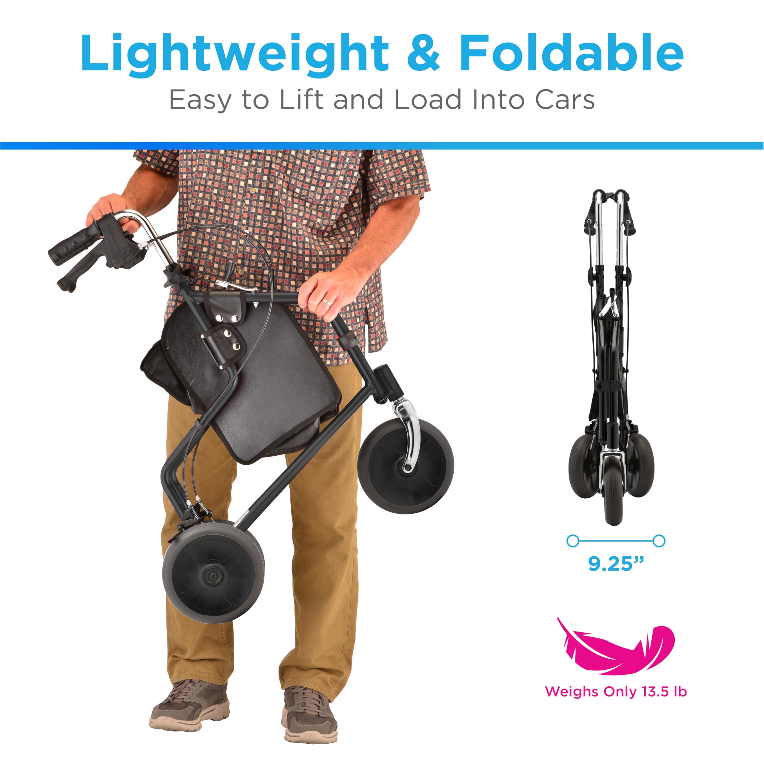 NOVA Traveler Folding 3-Wheel Walker with Tray, Basket, Pouch & Cup Holder, Lightweight Mobility Aid for Seniors & Adults, 8” All-Terrain Wheels for Tight Spaces & Travel, Black