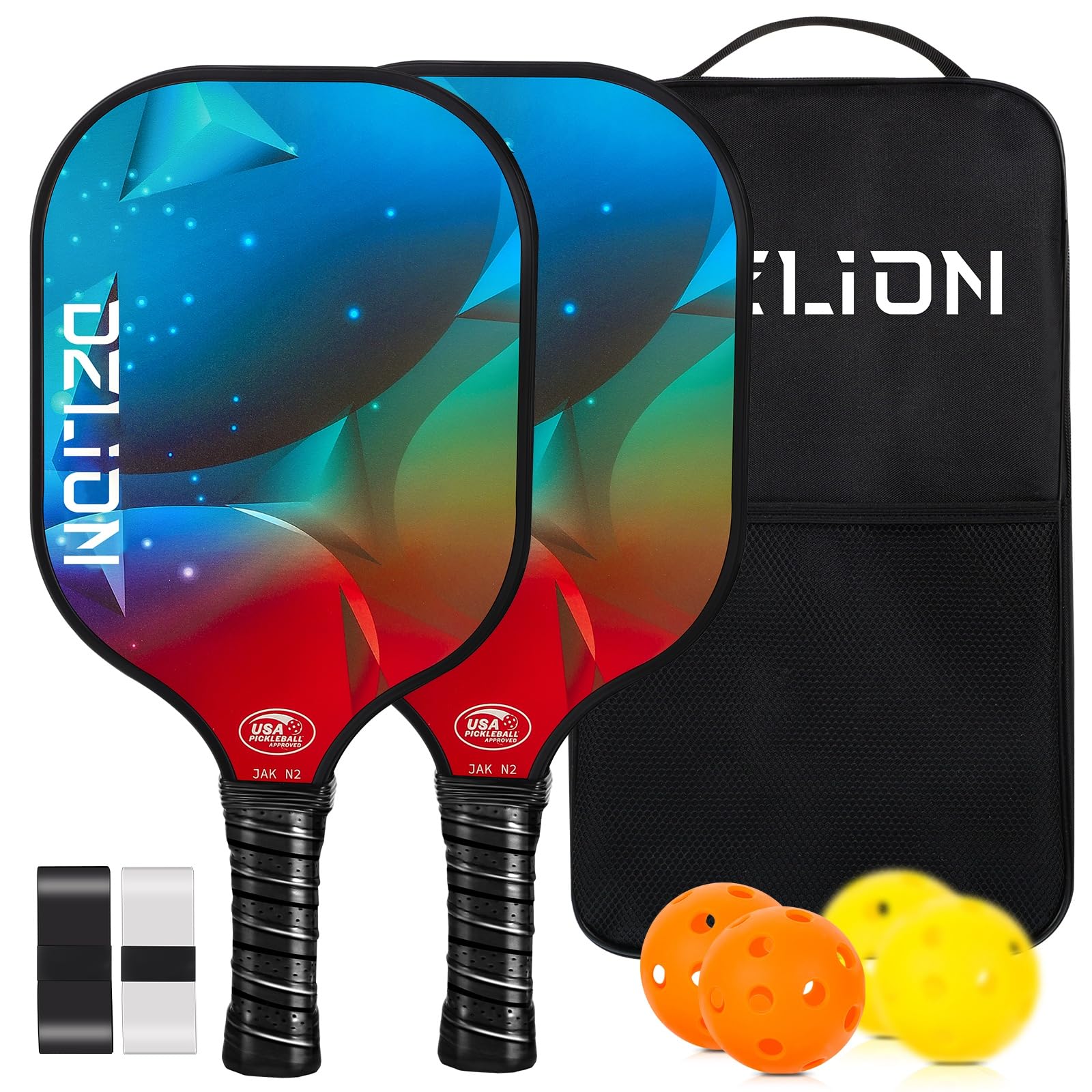 Pickleball Paddles, Fiberglass Pickleball Paddles Set of 2 with 4 Pickleball Balls, 2 Athletic Tape, 1 Portable Carry Bag Pickleball Rackets for Beginners & Pros