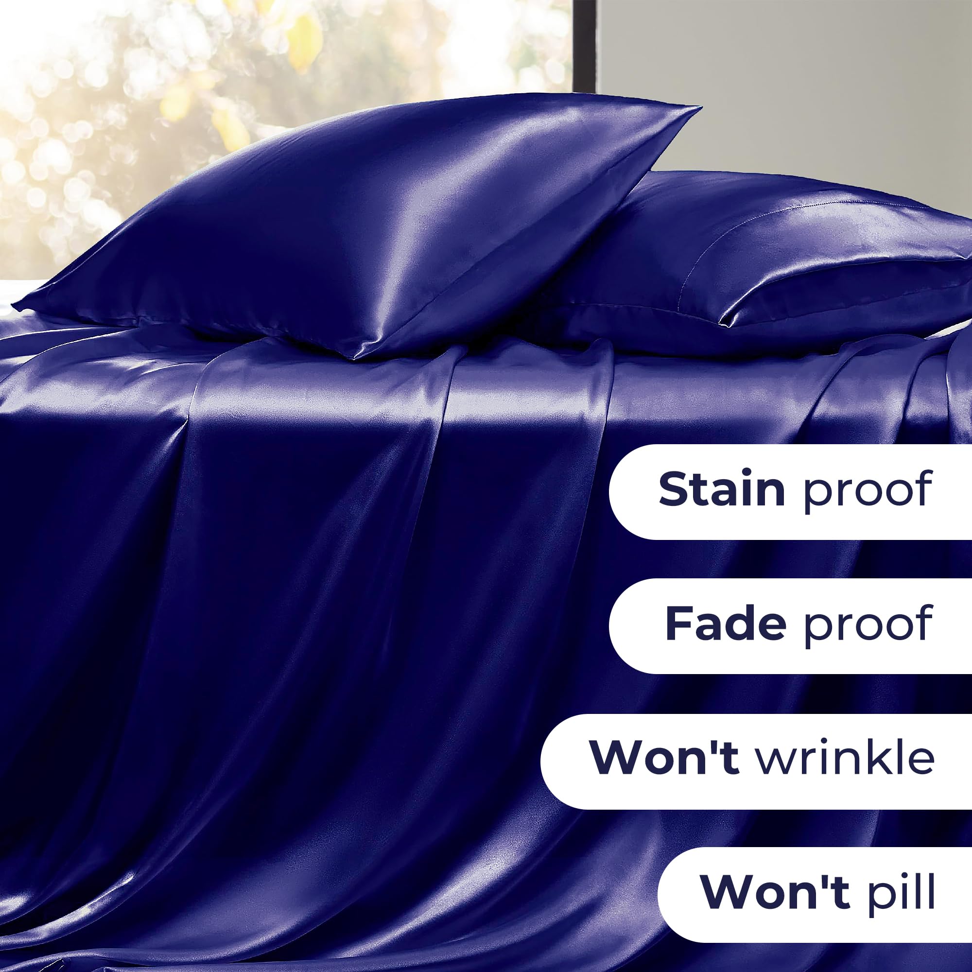 Seasonwood Twin Size Sheet Set Satin Sheets Navy Blue Microfiber Silk Bed Set of 3 with 1 Pillowcase