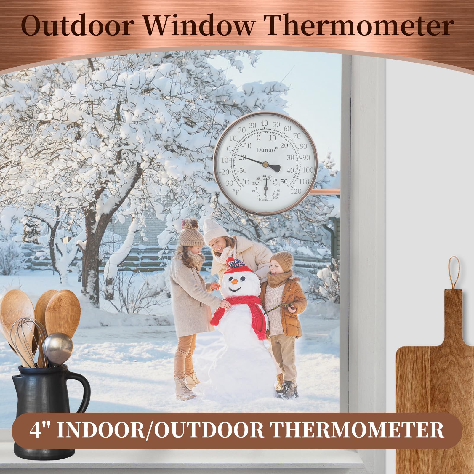 Dunuo 4" Brass Outdoor Thermometer, Indoor Thermometer for Room – Analog Wall-Mount Temperature Gauge with Humidity – Decorative for Patio, Garage, House, Greenhouse, Window, Antique Bronze